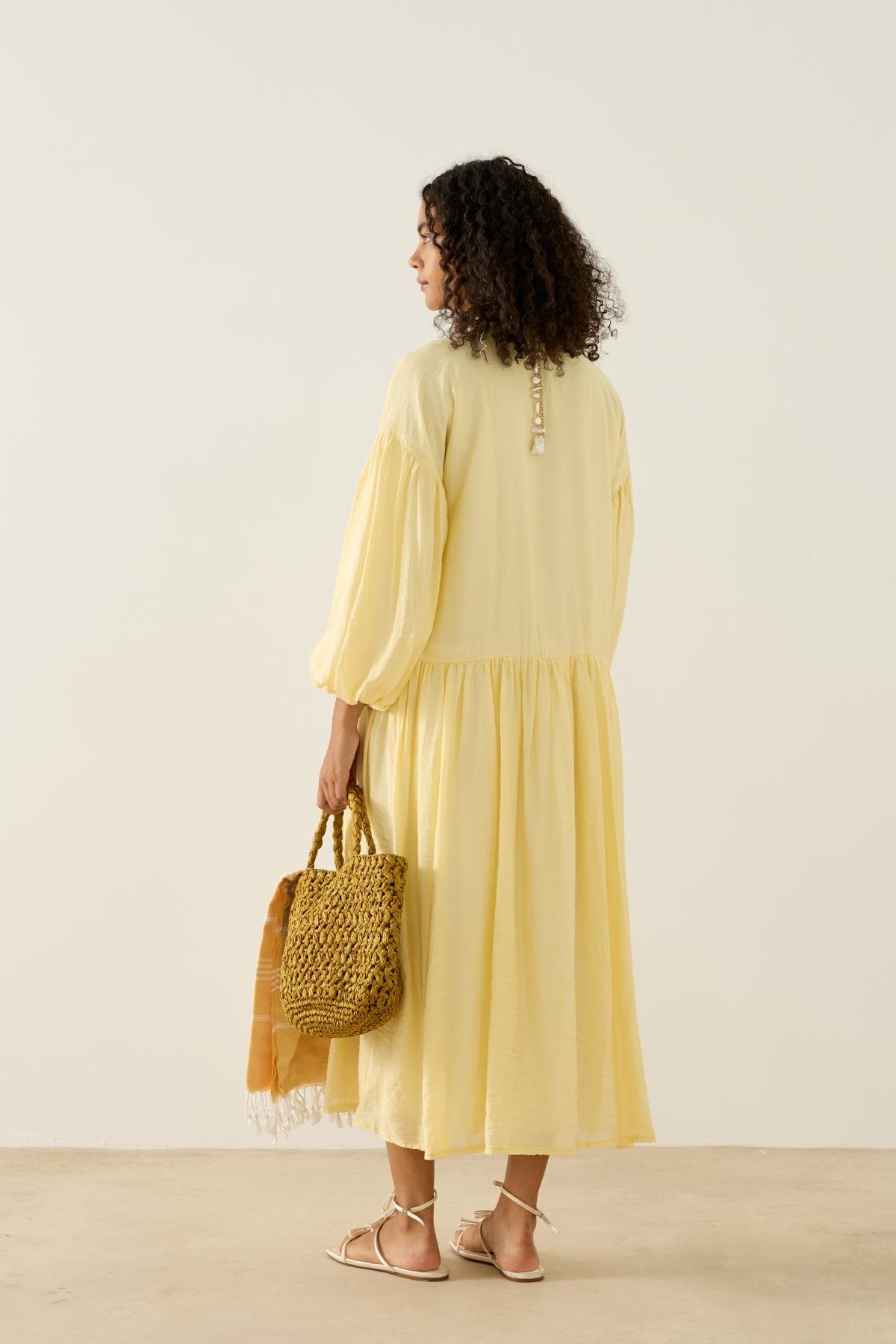 Margaret Robalı Balon Kol Elbise - Sarı