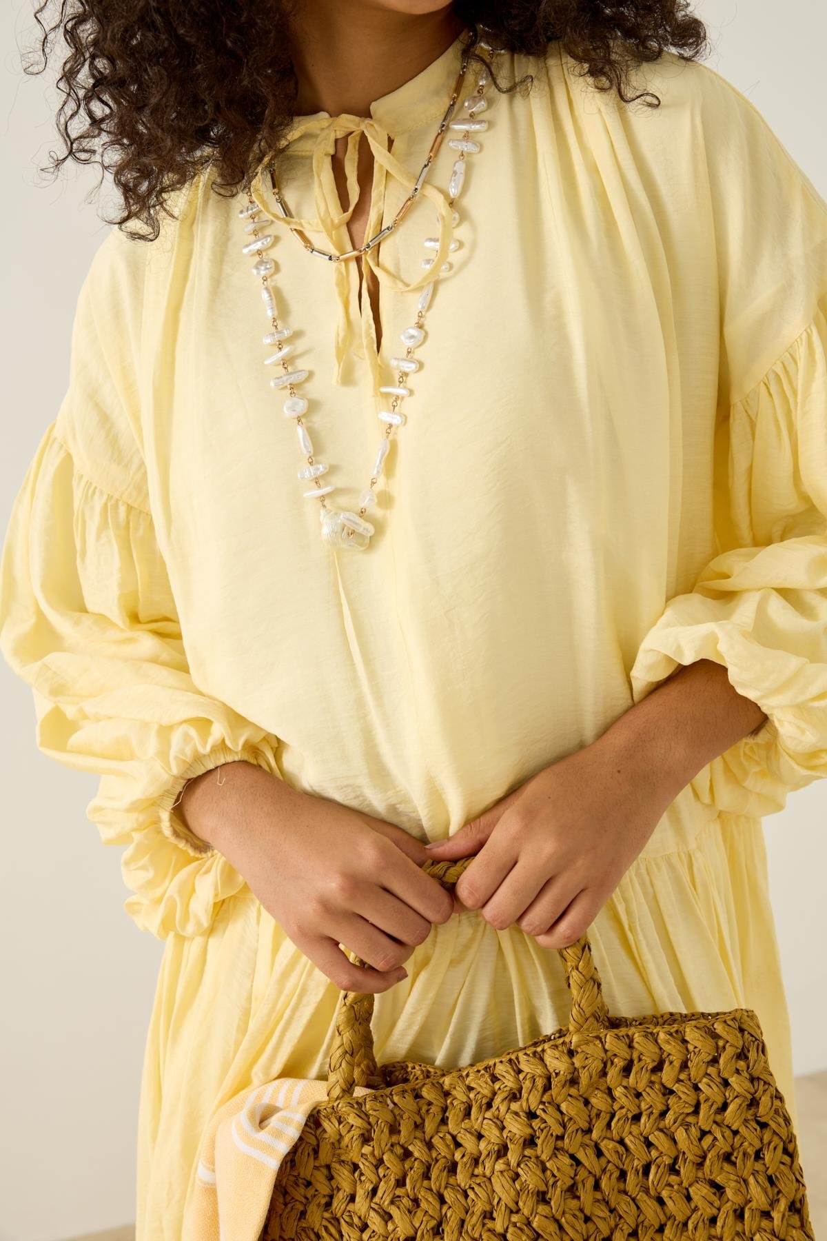 Margaret Robalı Balon Kol Elbise - Sarı