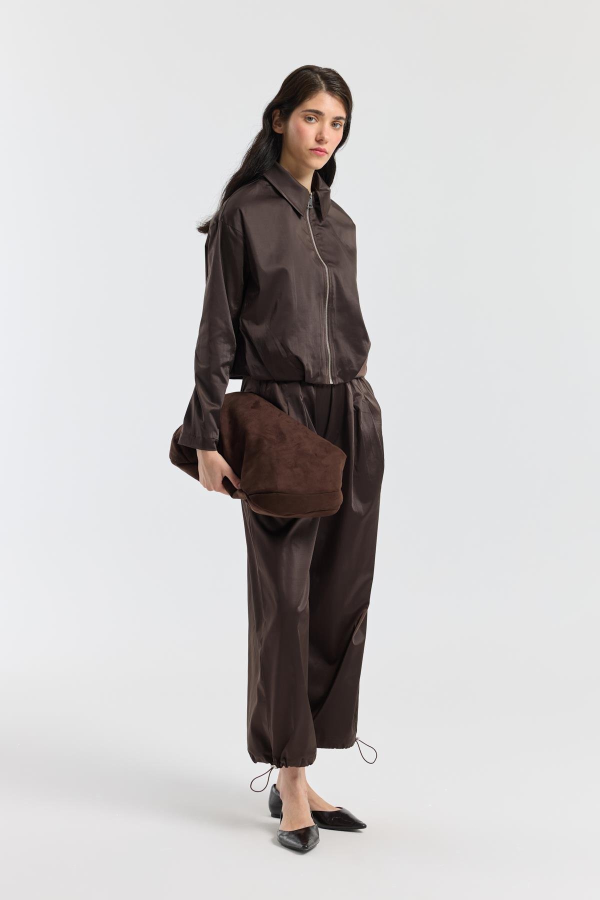 Maria Pileli Saten Bomber Ceket - Acı kahve