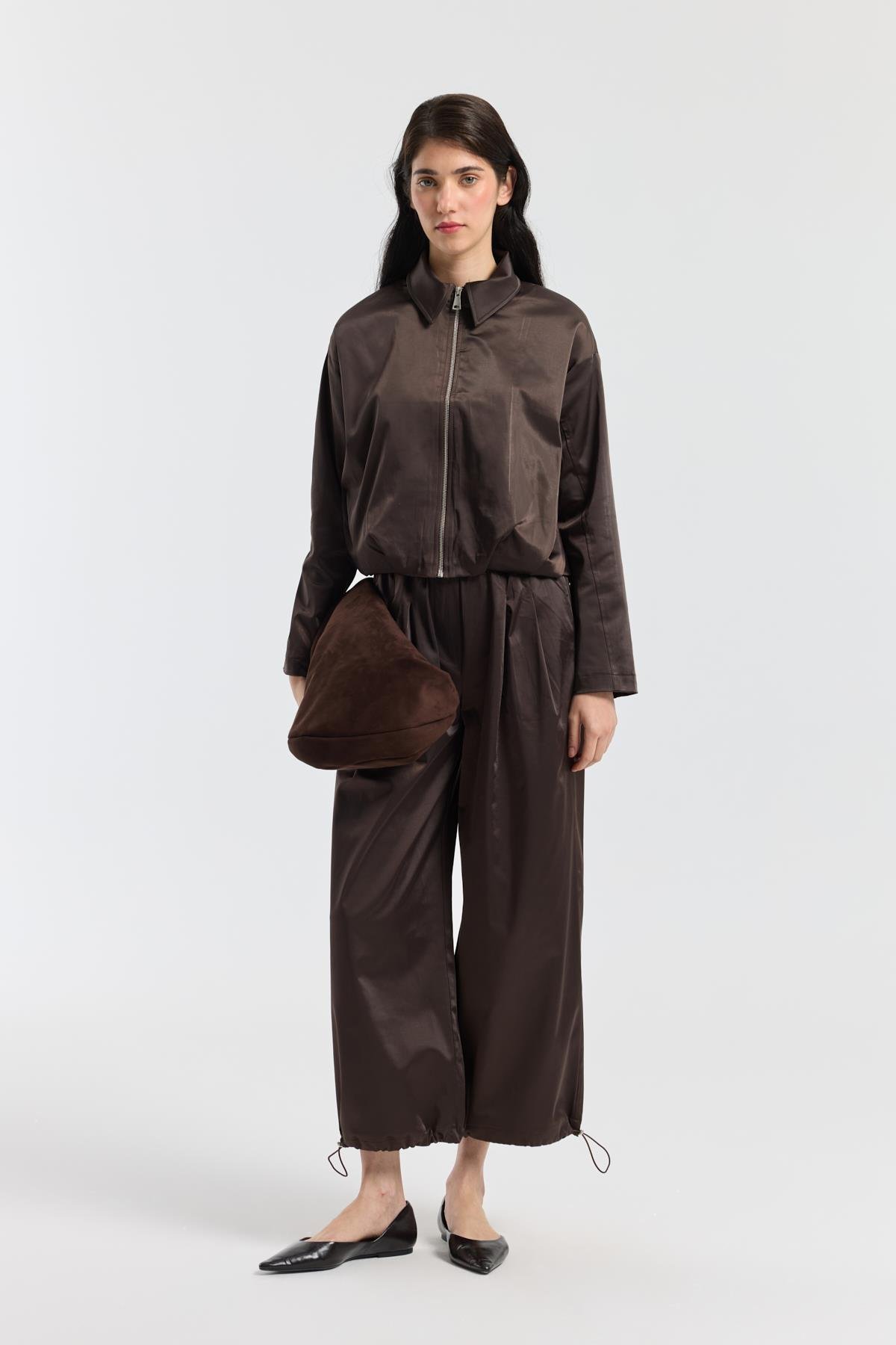 Maria Pileli Saten Bomber Ceket - Acı kahve