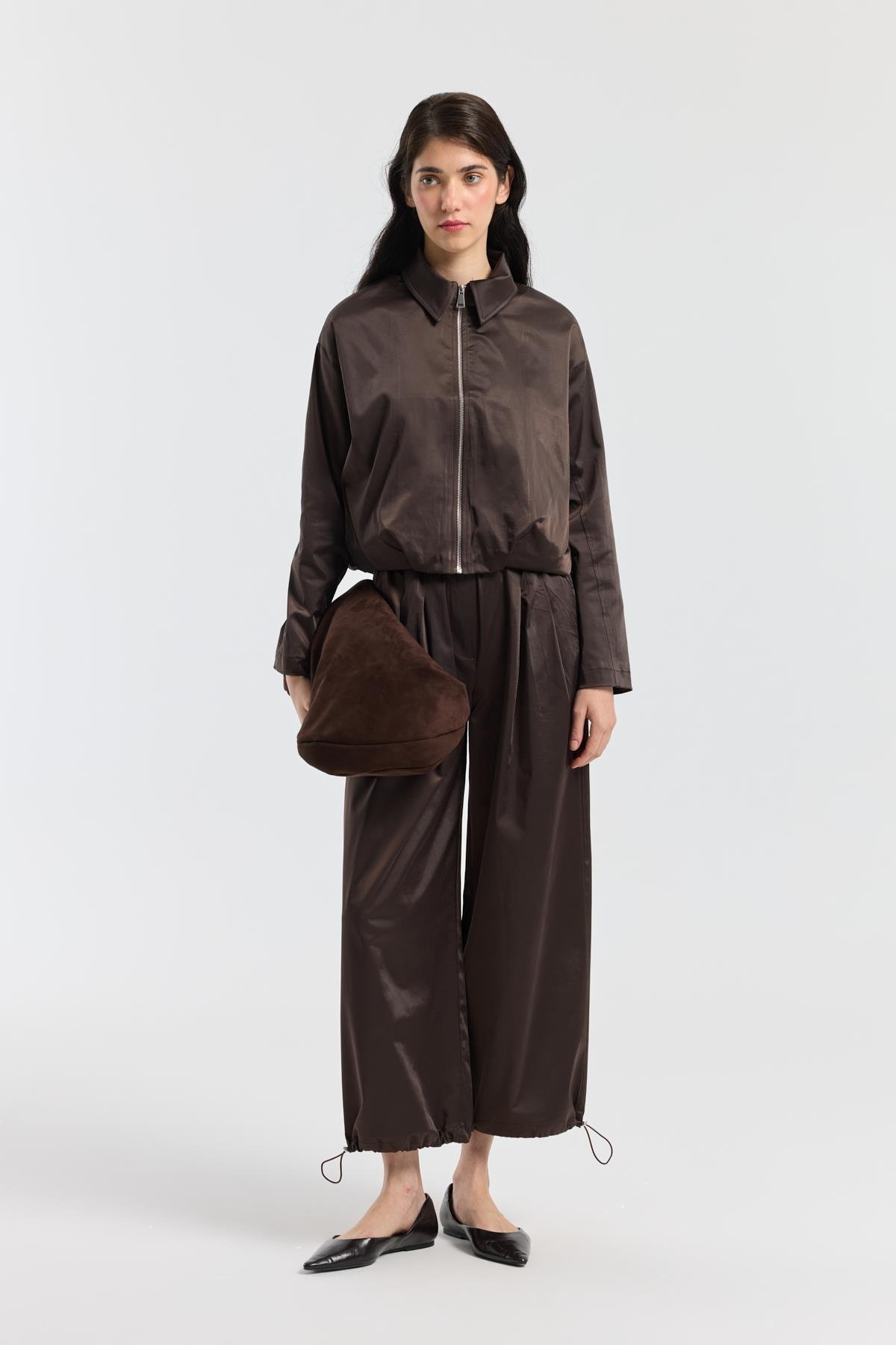 Maria Pileli Saten Bomber Ceket - Acı kahve