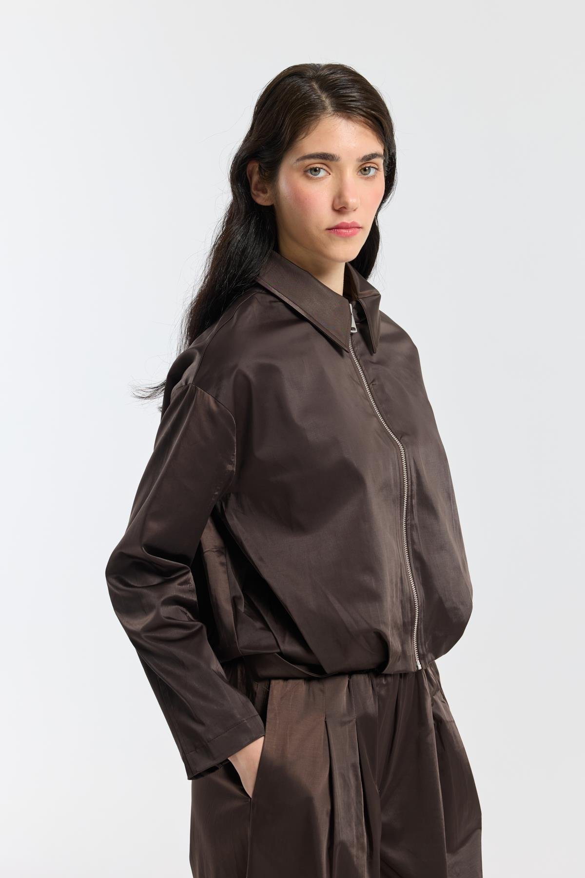 Maria Pileli Saten Bomber Ceket - Acı kahve