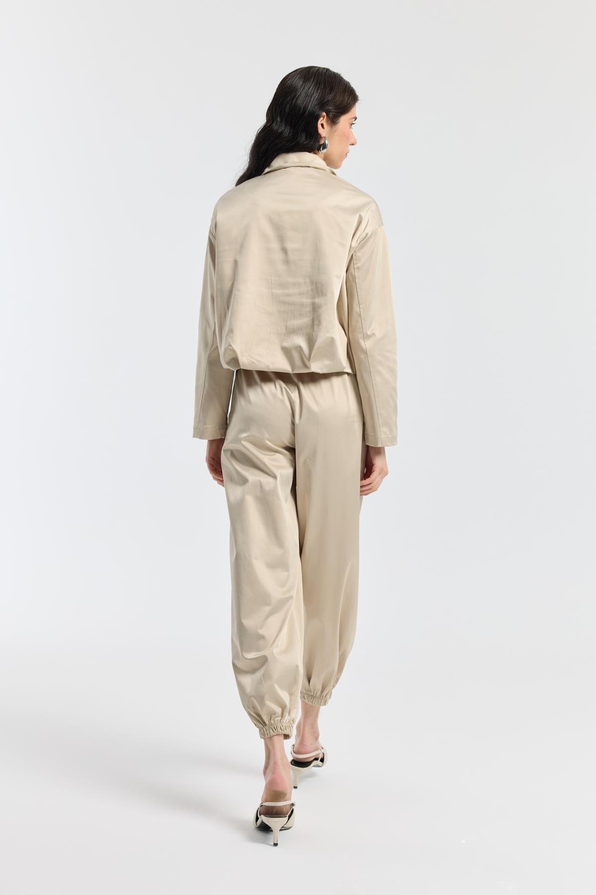 Maria Pileli Saten Bomber Ceket - Taş