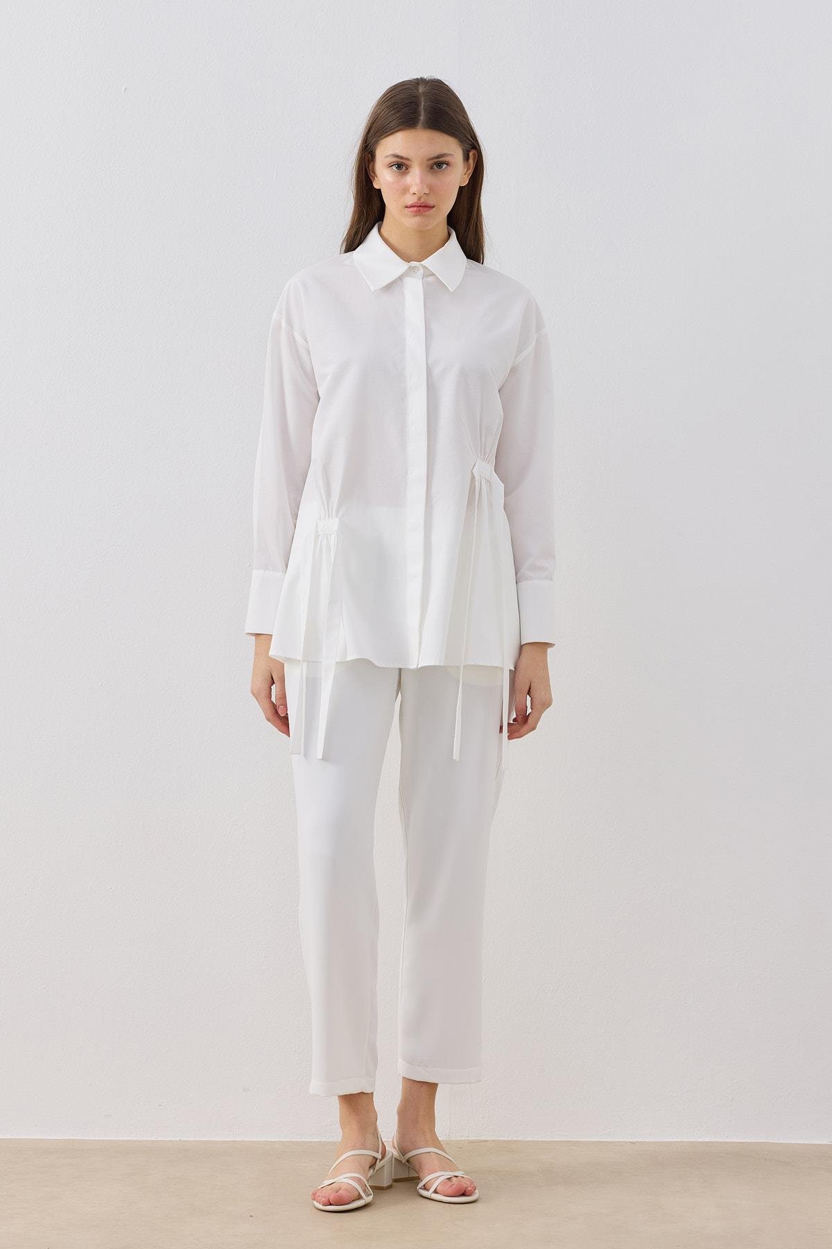 Marine Büzgü Detaylı Gömlek - Beyaz