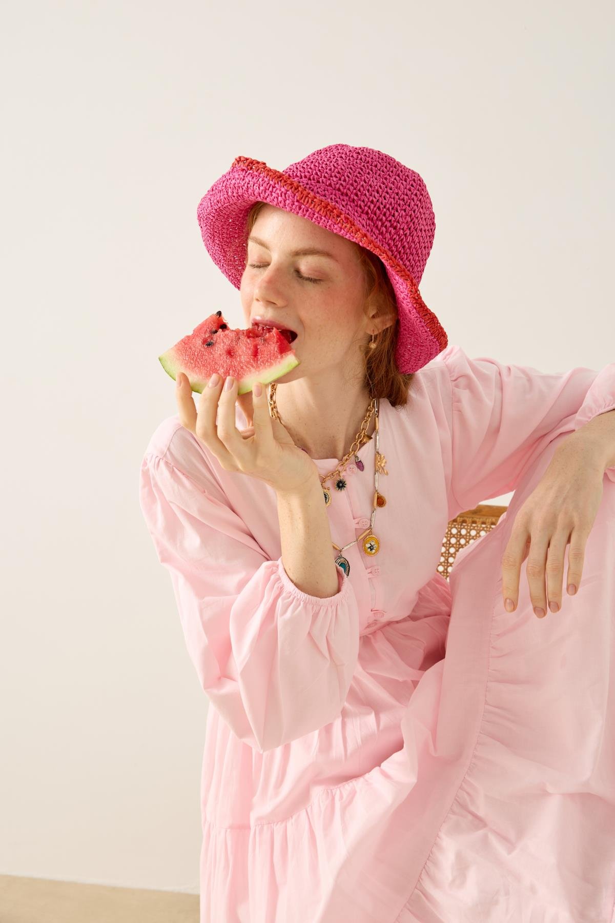 MaripMariposa Katlı Düğmeli Vual Elbise - Pembe