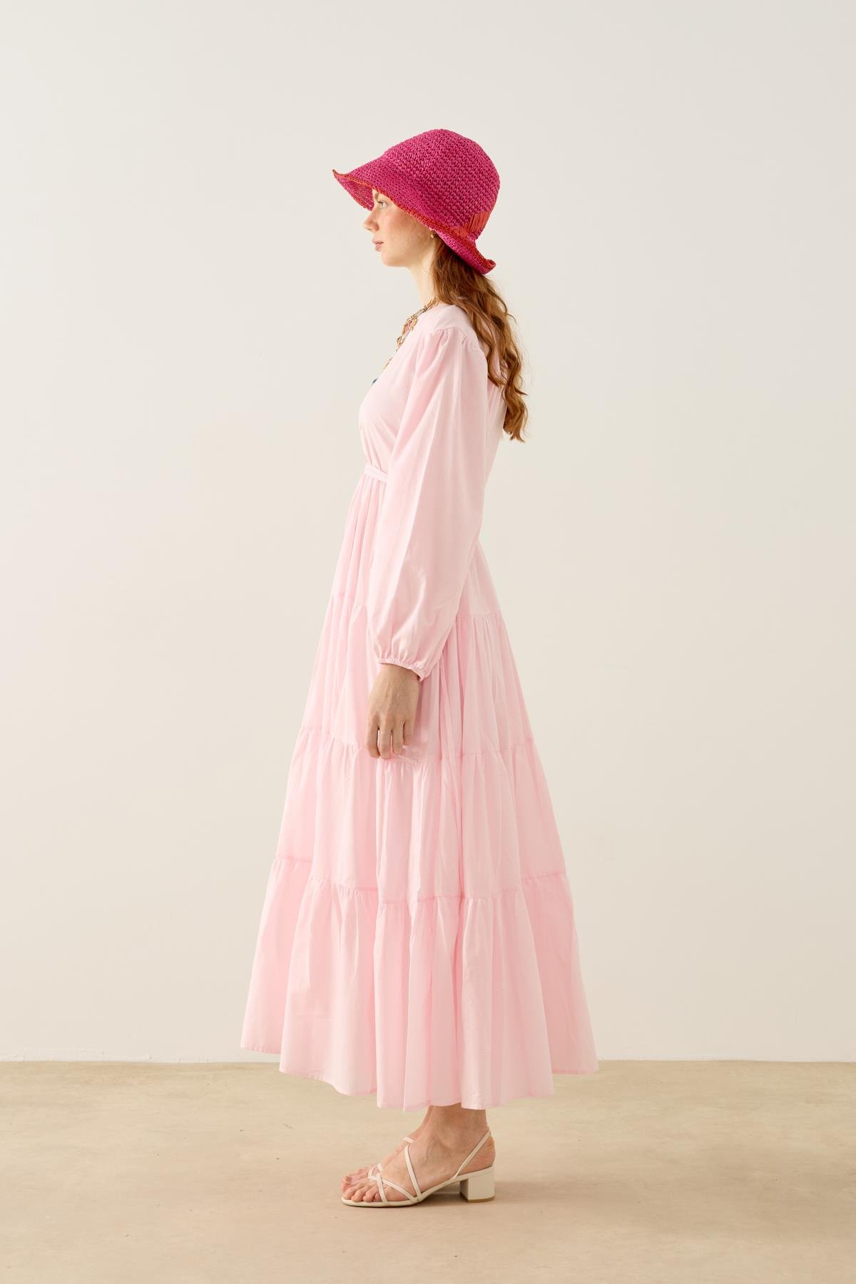 MaripMariposa Katlı Düğmeli Vual Elbise - Pembe