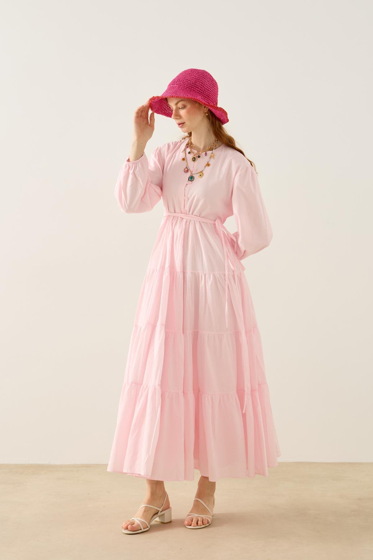 MaripMariposa Katlı Düğmeli Vual Elbise - Pembe