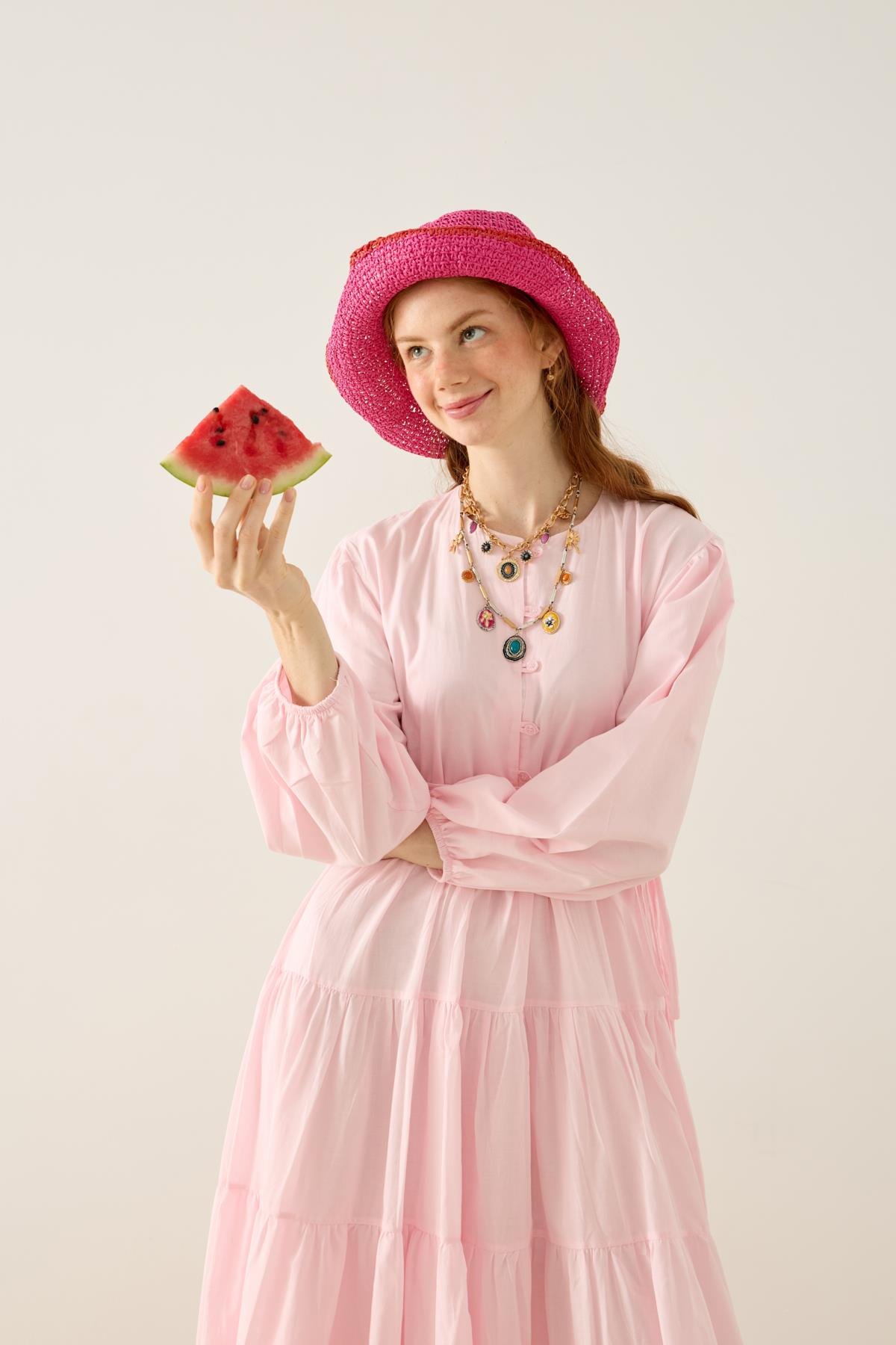 MaripMariposa Katlı Düğmeli Vual Elbise - Pembe