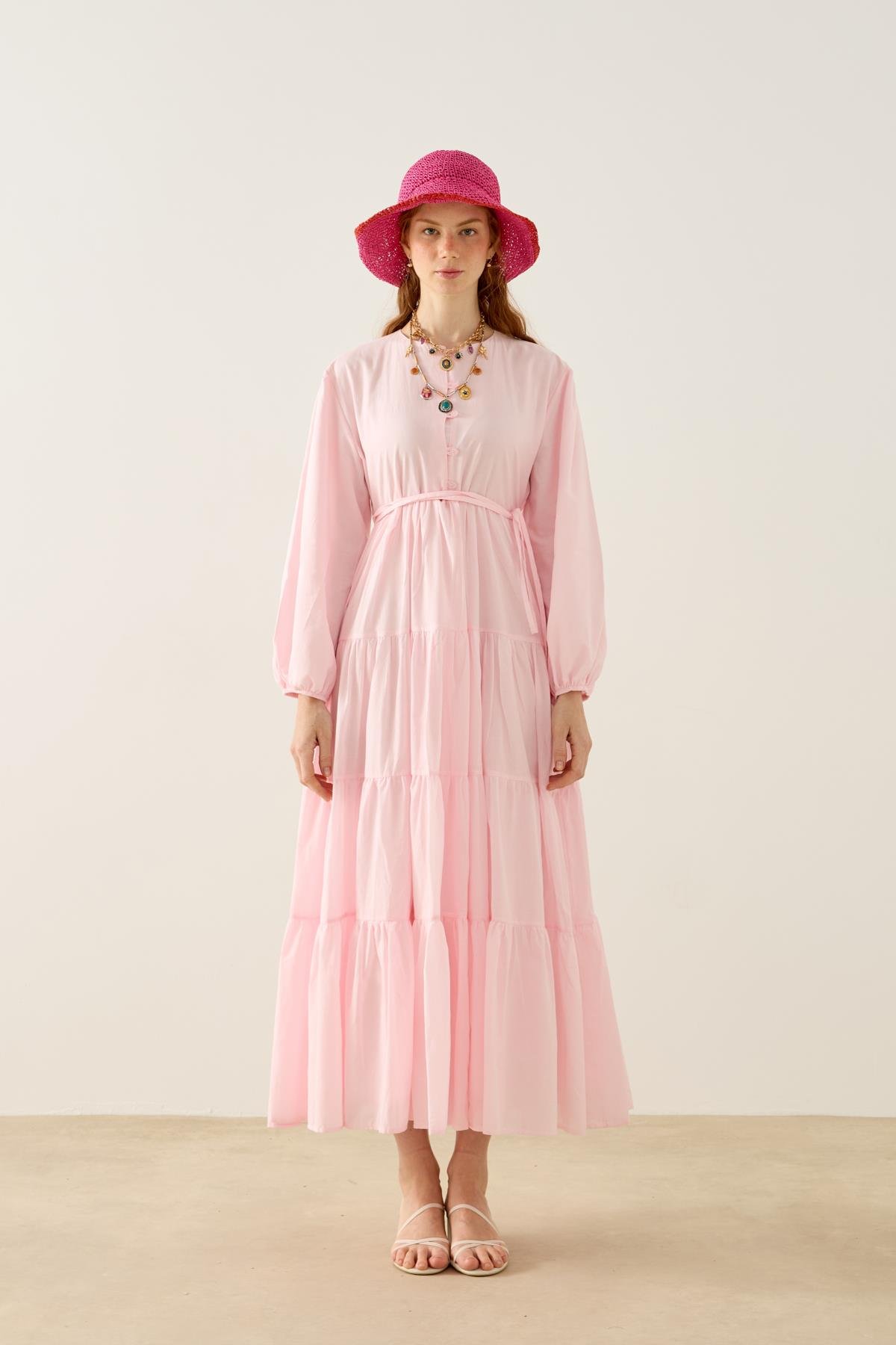 MaripMariposa Katlı Düğmeli Vual Elbise - Pembe