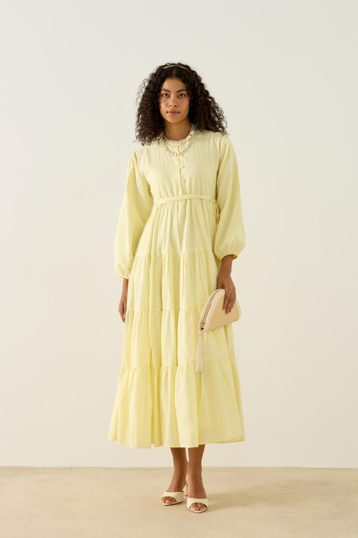 Mariposa Katlı Düğmeli Vual Elbise - Limon sarı