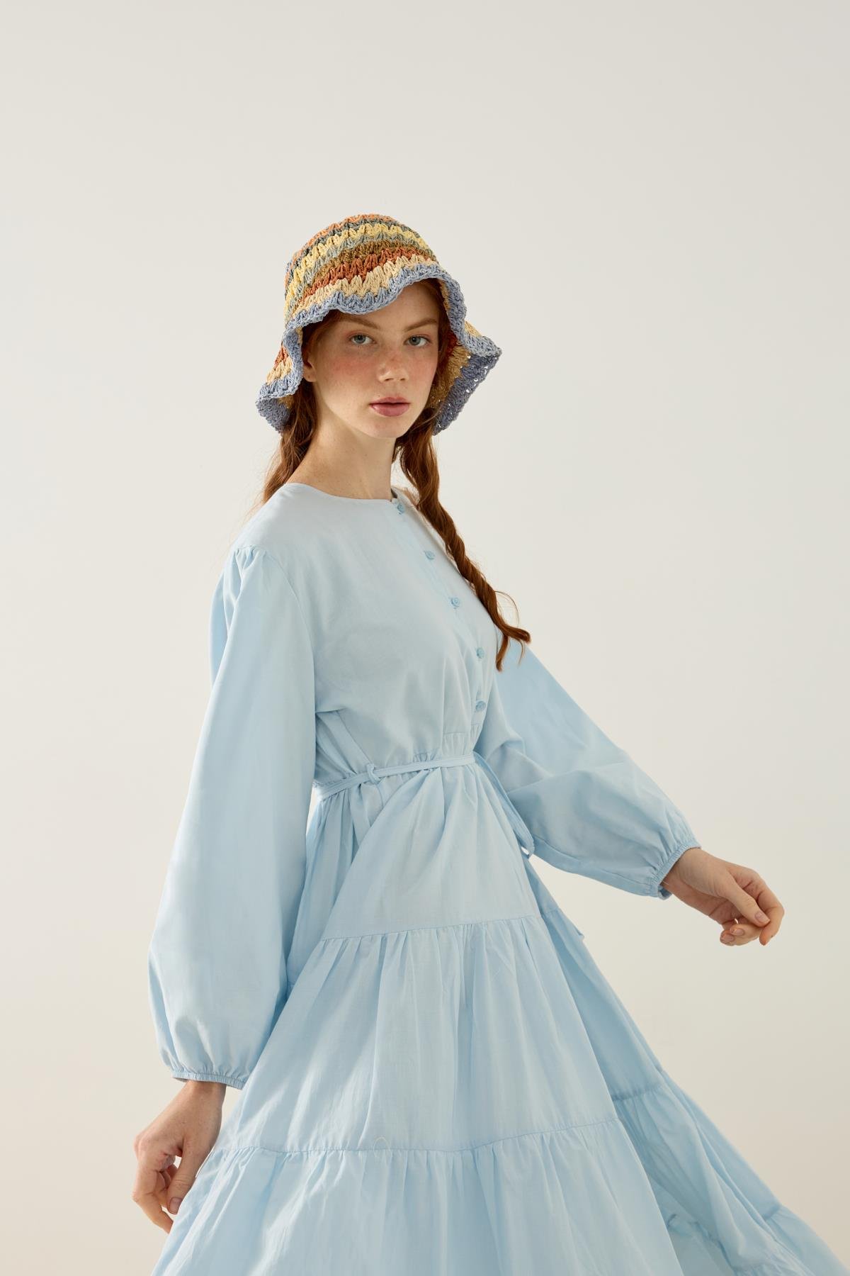 Mariposa Katlı Düğmeli Vual Elbise - Mavi