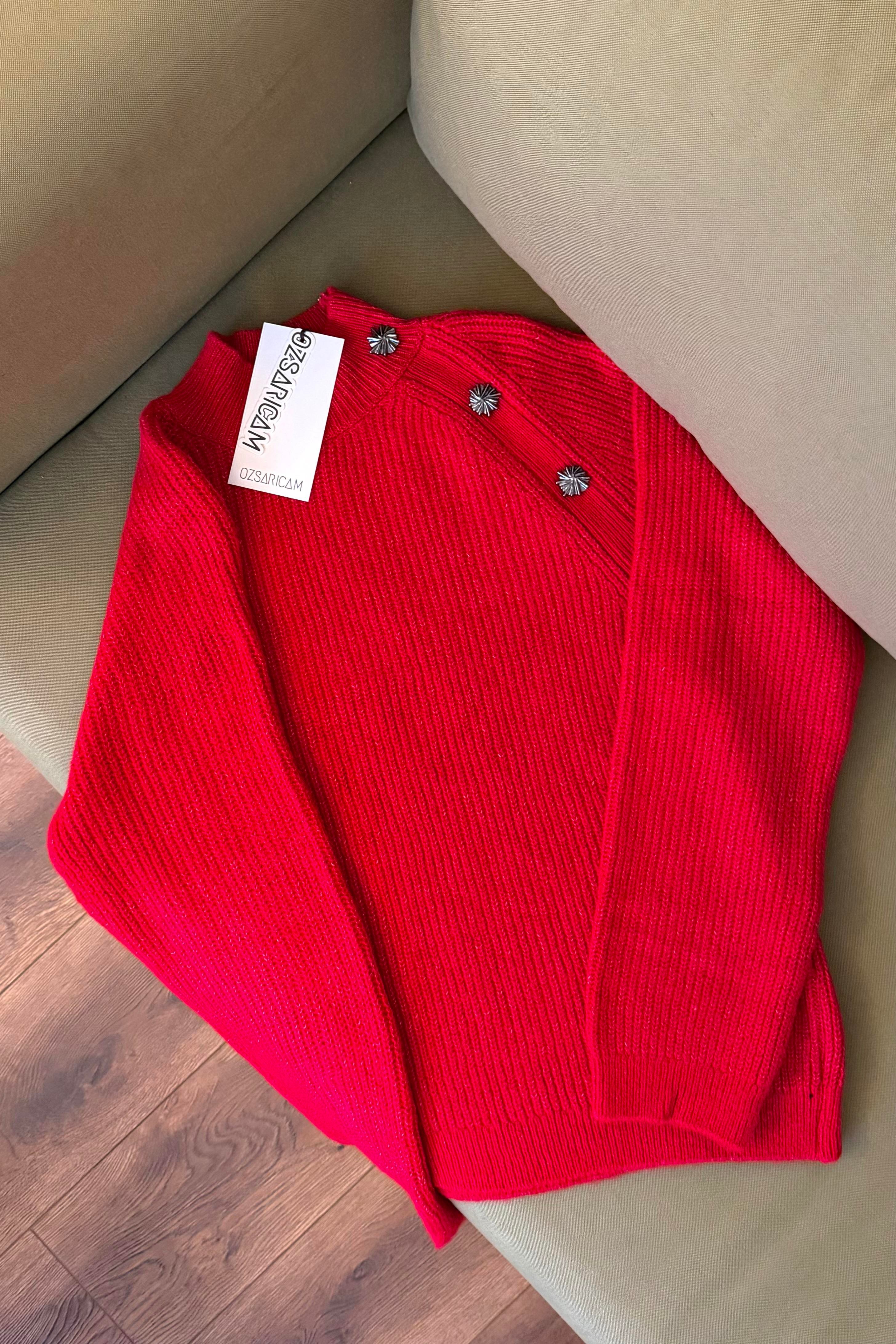 Marisol Balıkçı Yaka Aksesuarlı Kazak - Kırmızı 