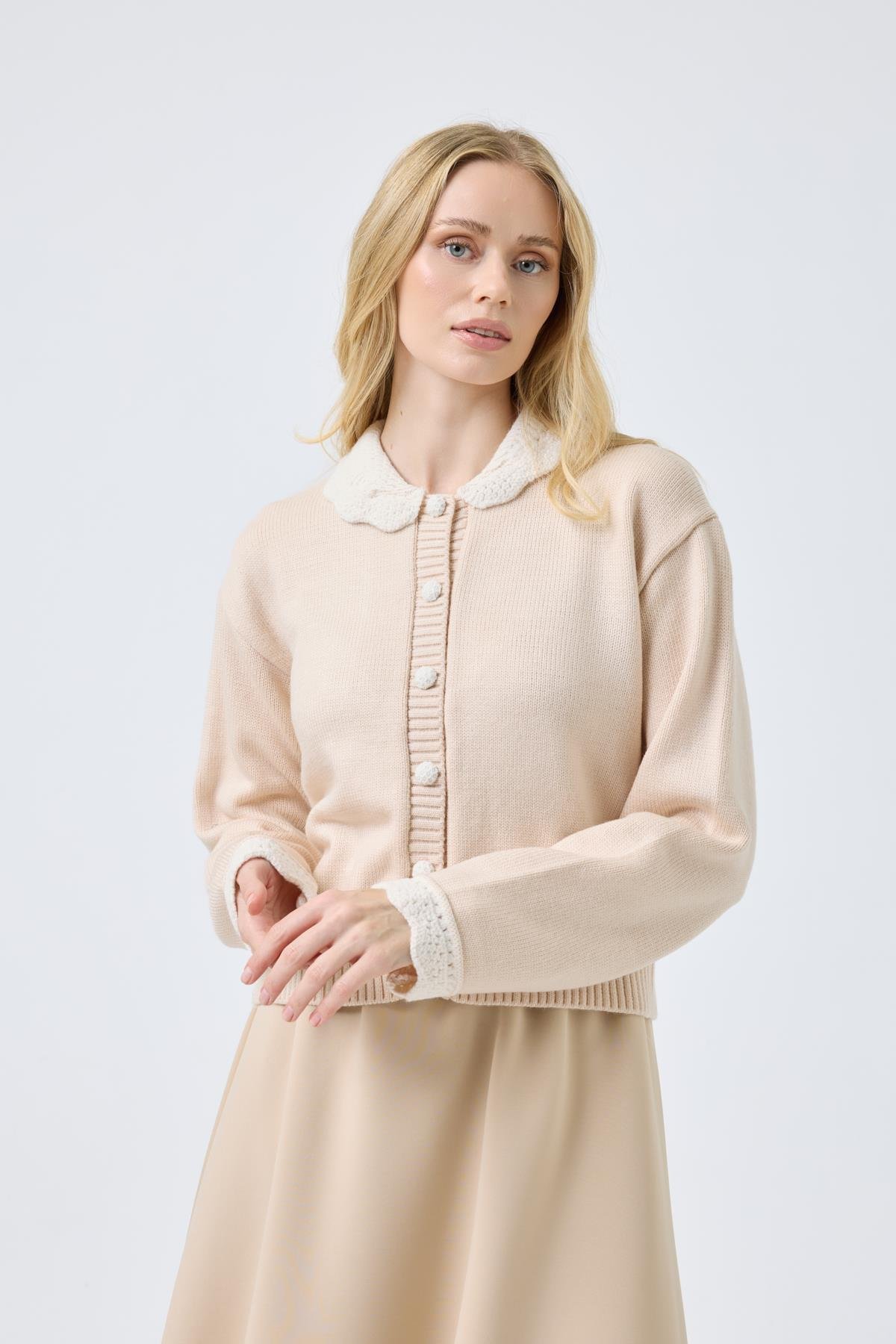 Marnie Bebe Yaka Örgü Düğmeli Hırka - Bej 