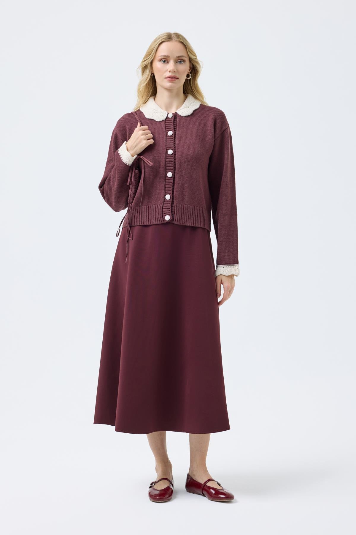 Marnie Bebe Yaka Örgü Düğmeli Hırka - Mürdüm 