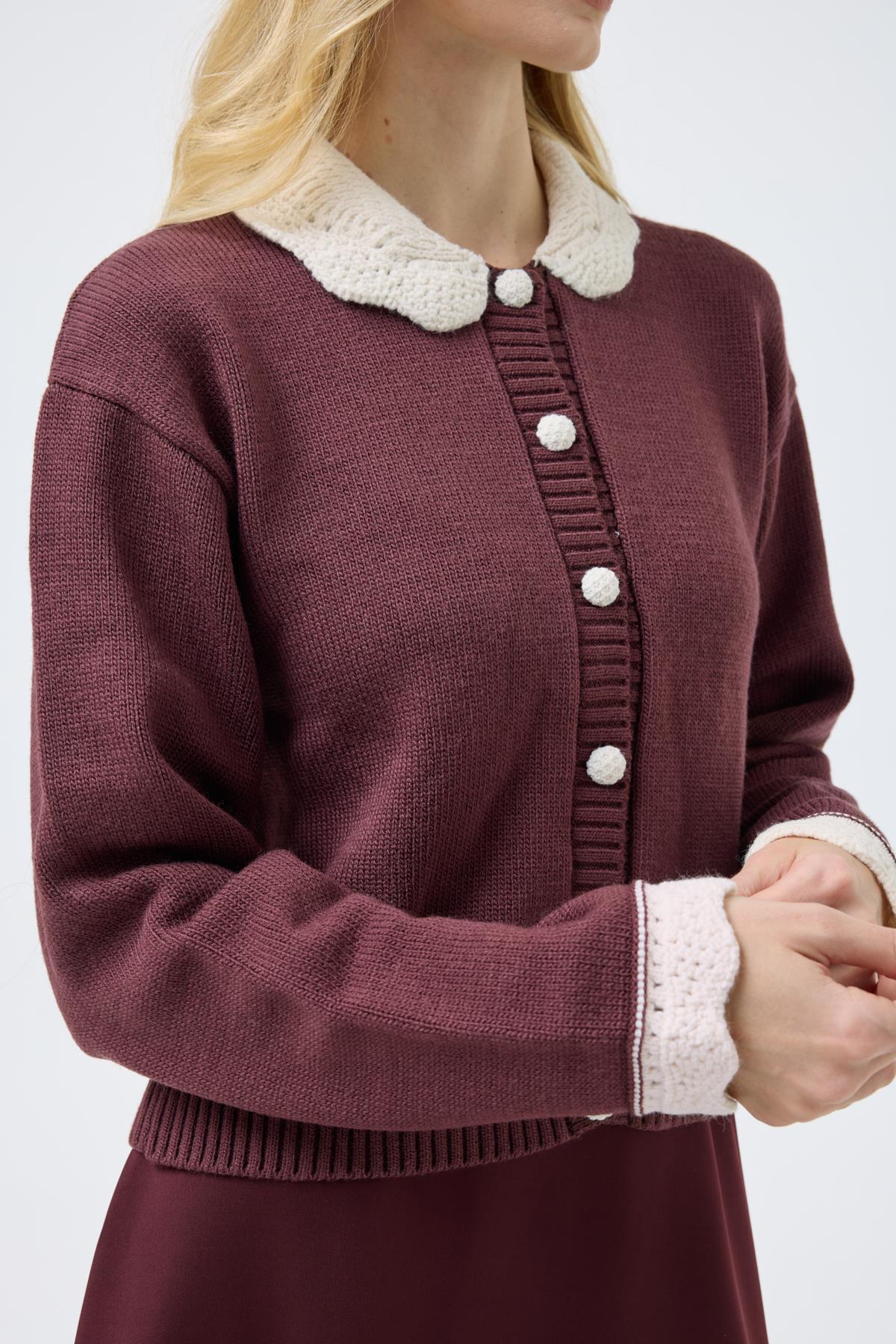 Marnie Bebe Yaka Örgü Düğmeli Hırka - Mürdüm 