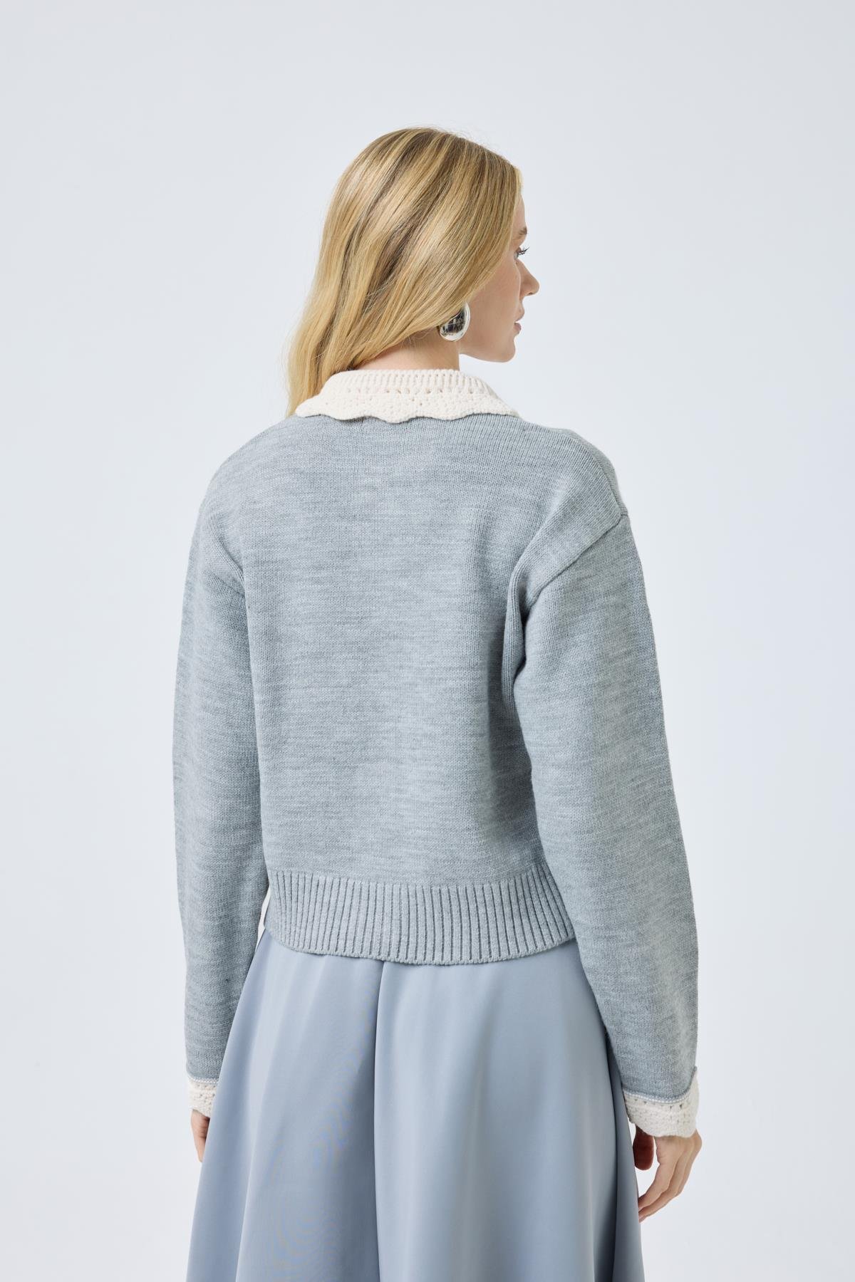 Marnie Bebe Yaka Örgü Düğmeli Hırka - Gri 