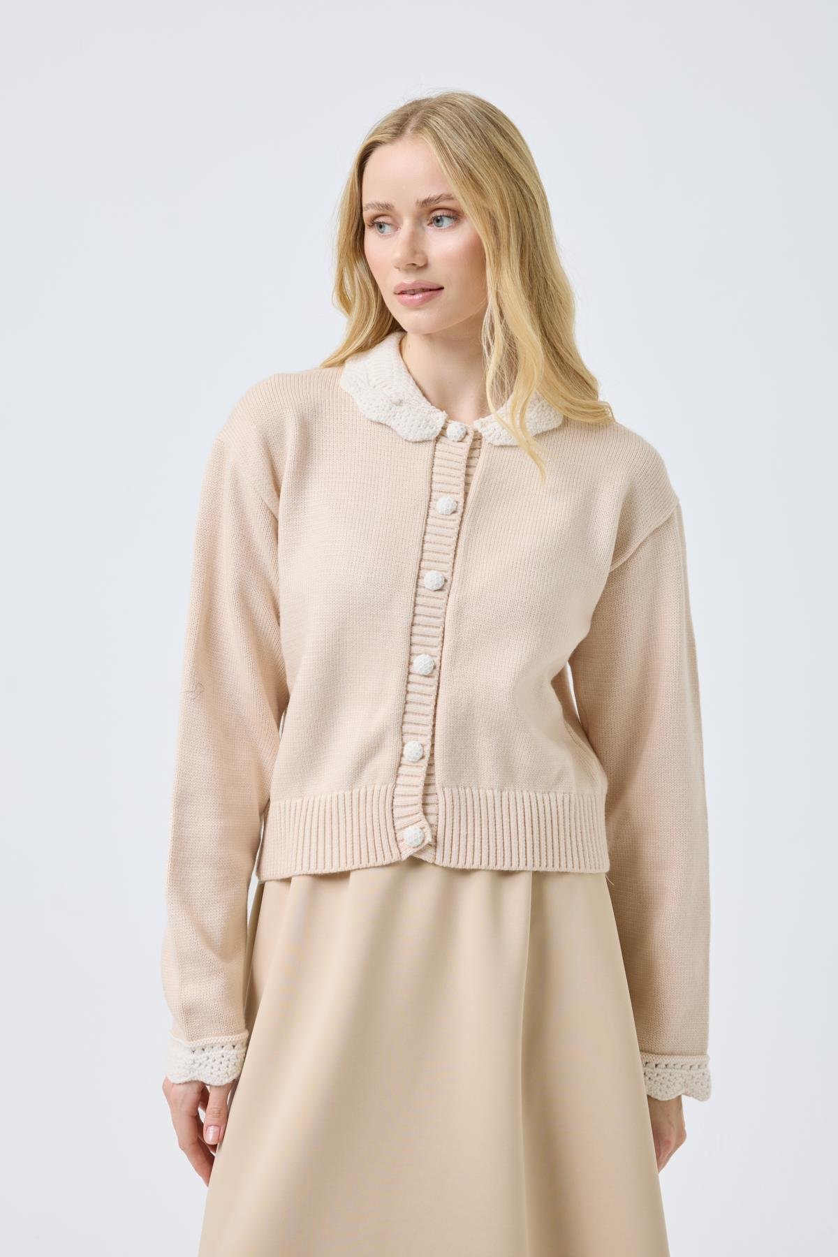 Marnie Bebe Yaka Örgü Düğmeli Hırka - Bej 