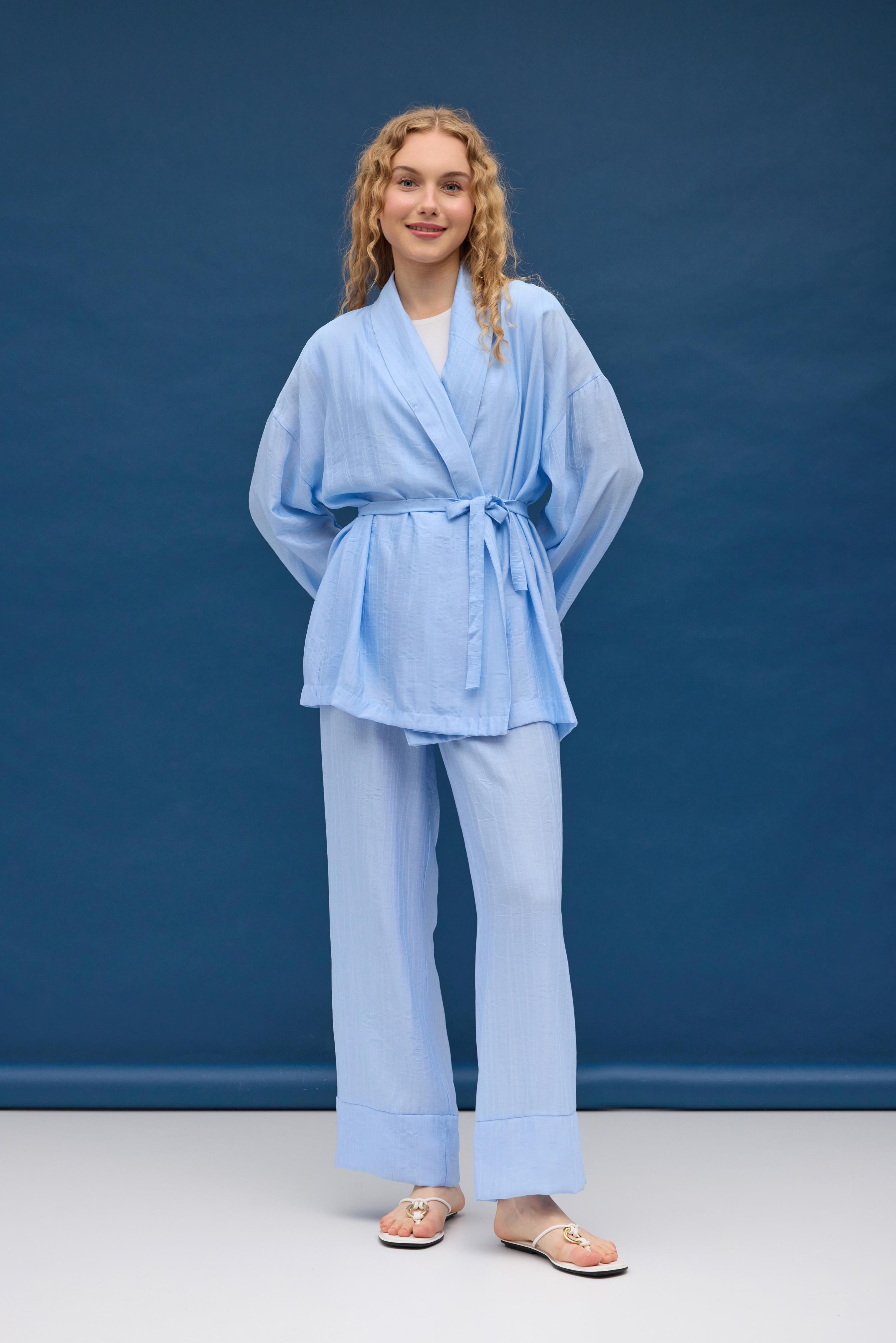 Matilda Kuşaklı Kimono Takım - Bebe mavi