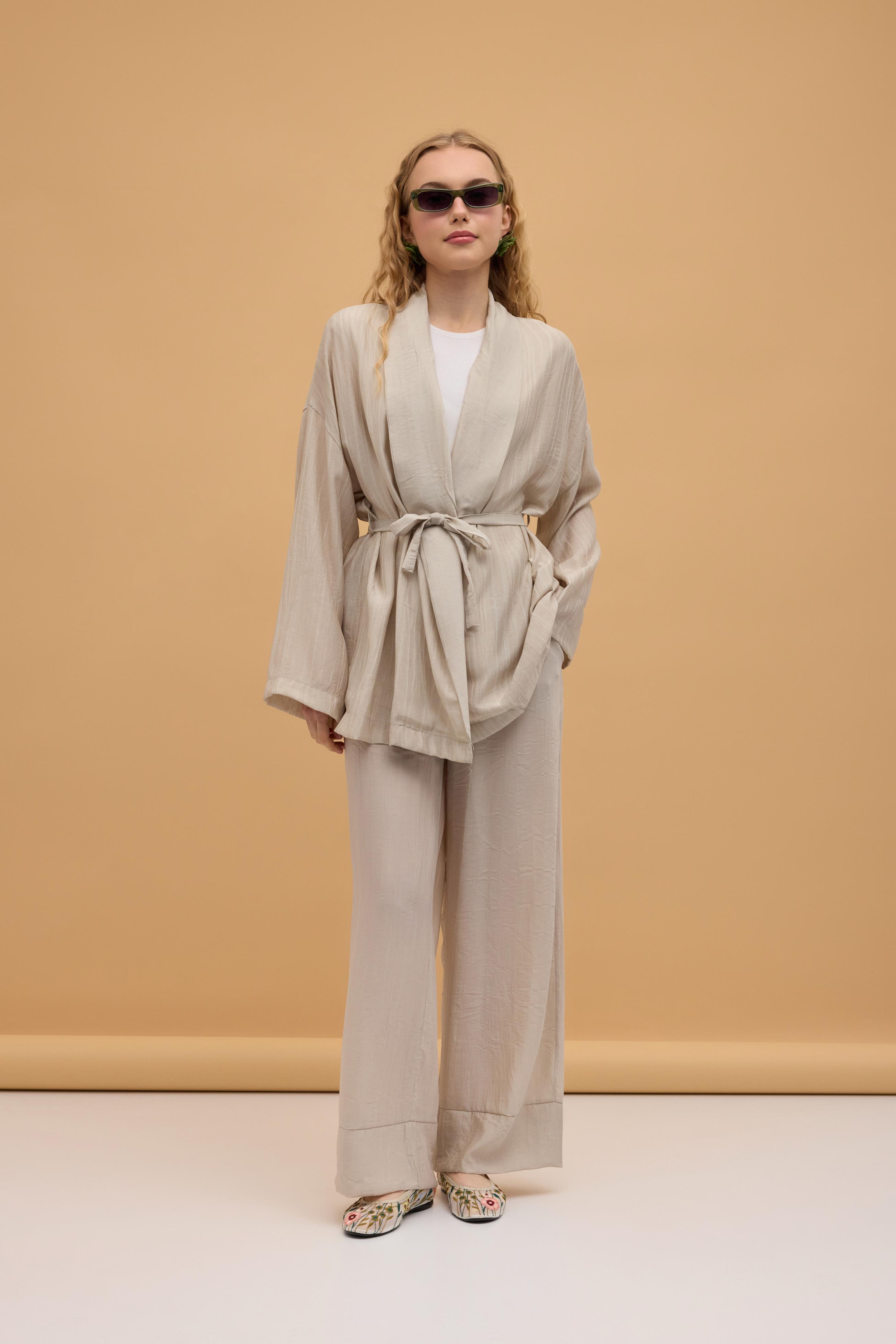 Matilda Kuşaklı Kimono Takım - Taş