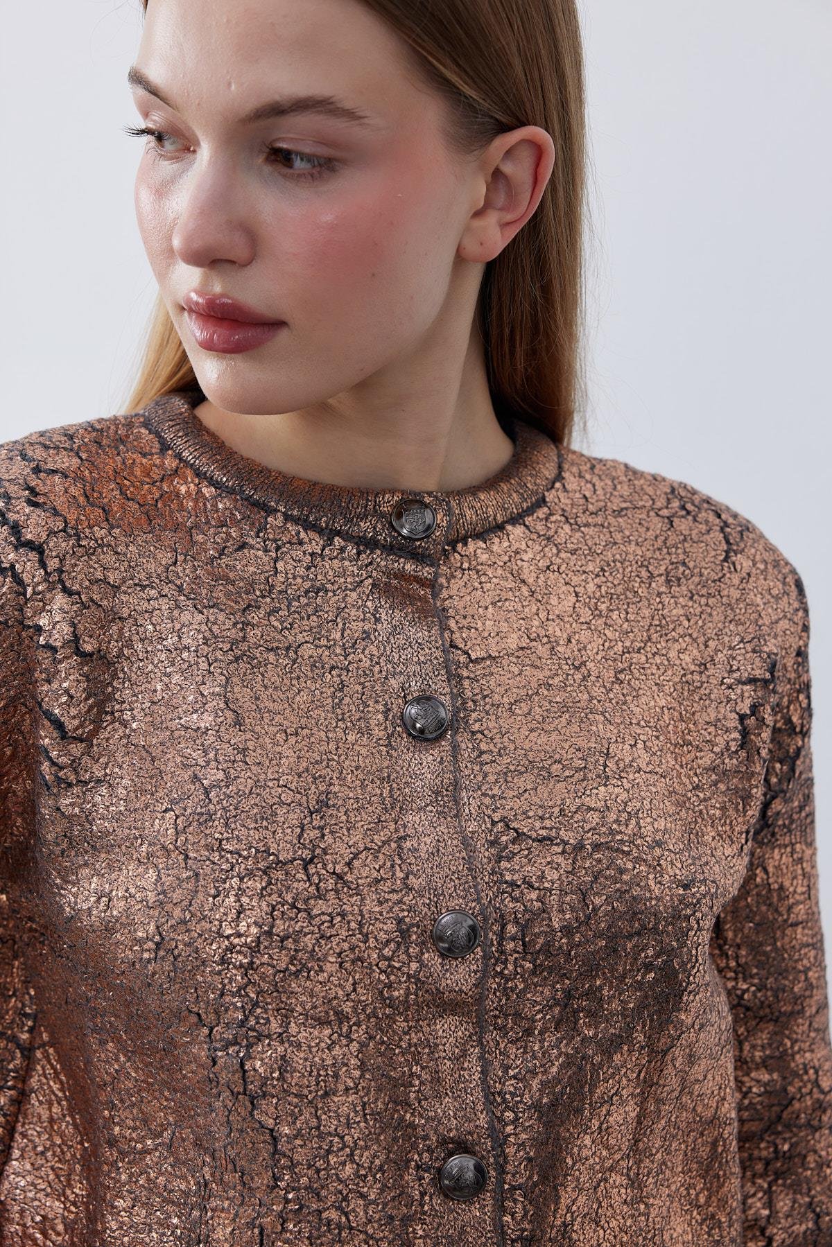 Matrix Metal Düğmeli Hırka-Bakır