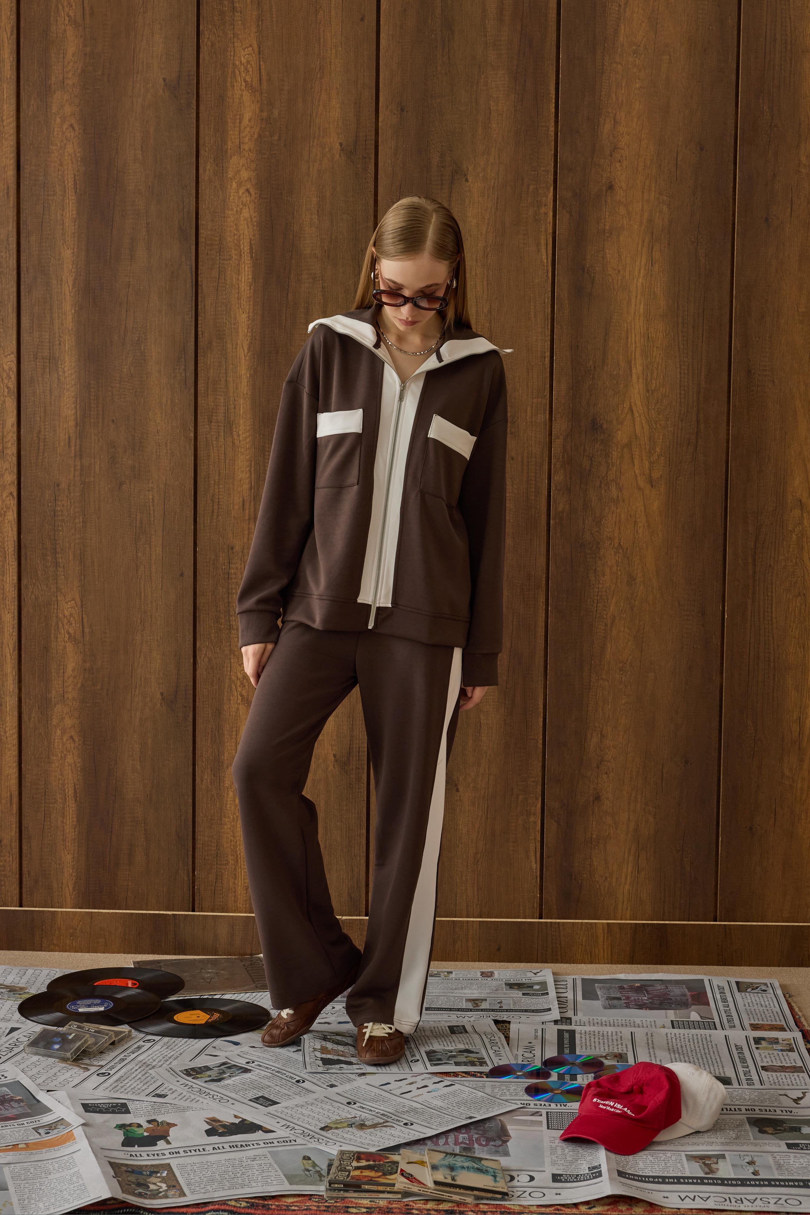 Mattea Yakalı Garnili Modal Takım - Kahverengi 