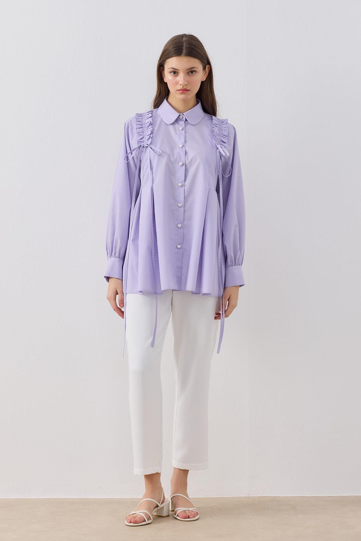 Melaina Pileli Fırfırlı Gömlek - Lila