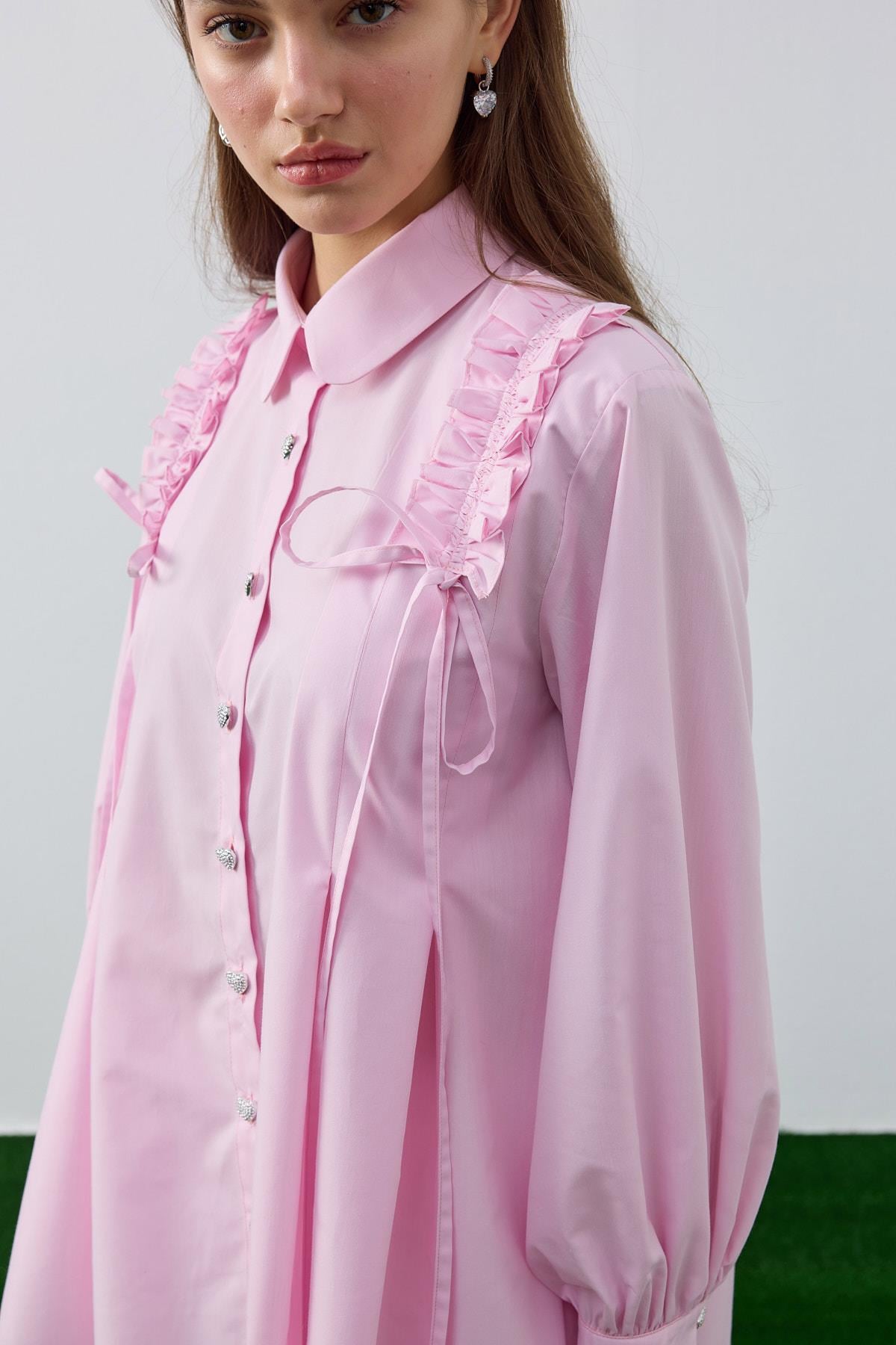 Melaina Pileli Fırfırlı Gömlek - Pembe