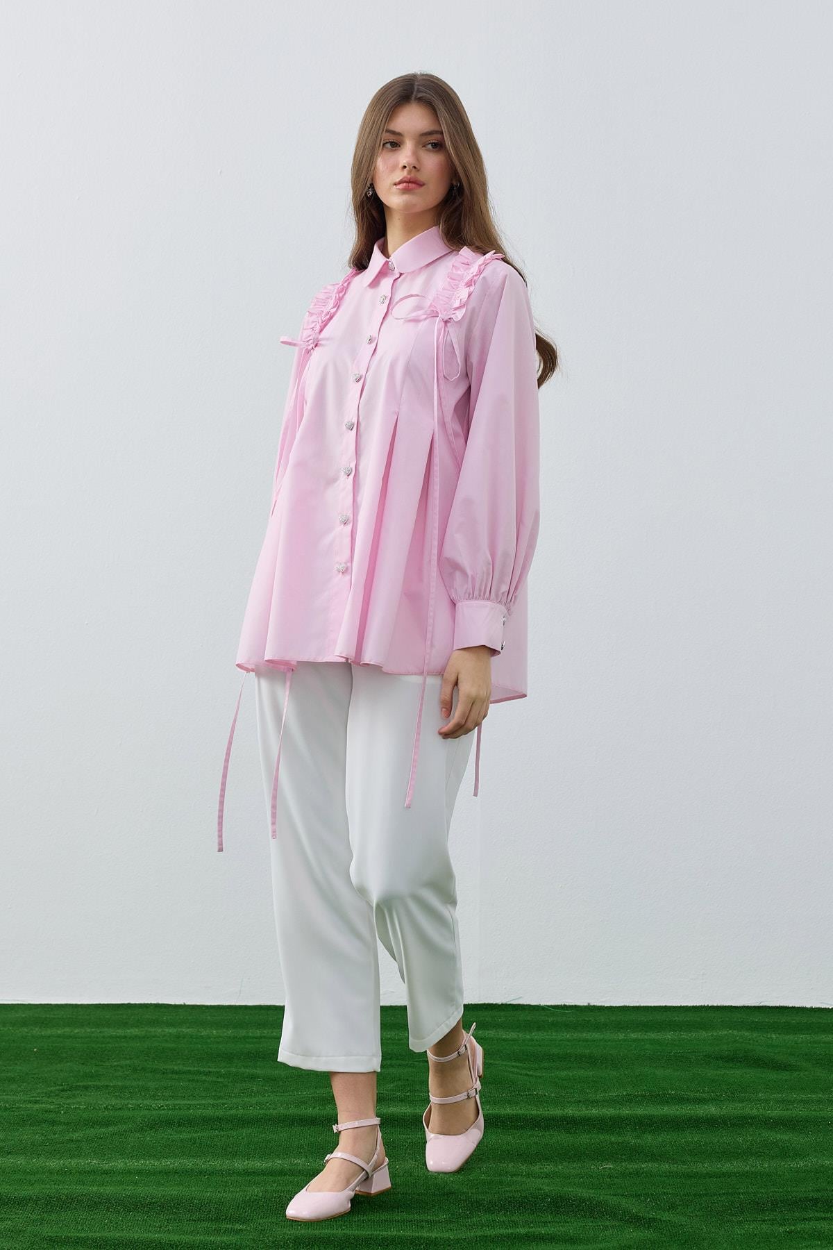 Melaina Pileli Fırfırlı Gömlek - Pembe