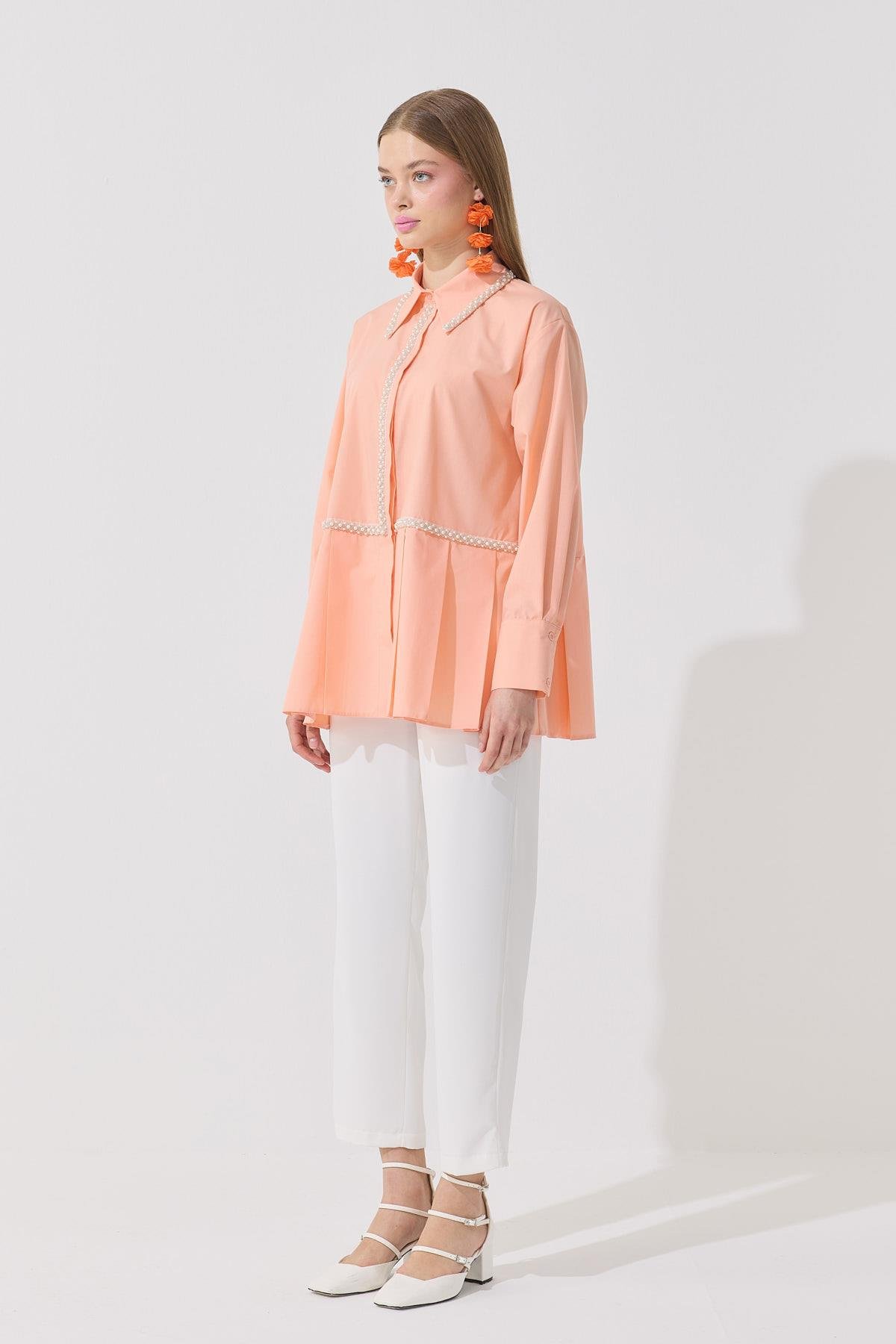 Melinda İnci İşlemeli Pileli Gömlek - Kavuniçi 