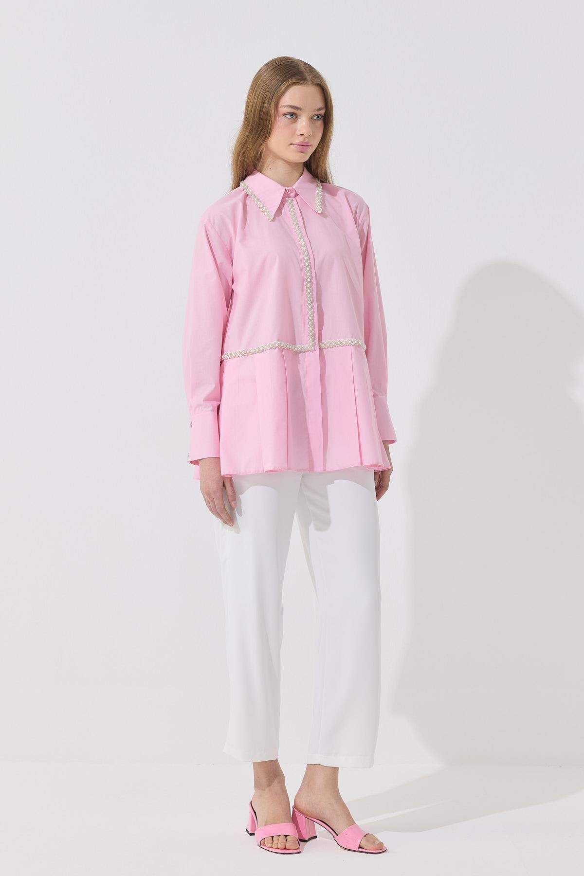 Melinda İnci İşlemeli Pileli Gömlek - Pembe 