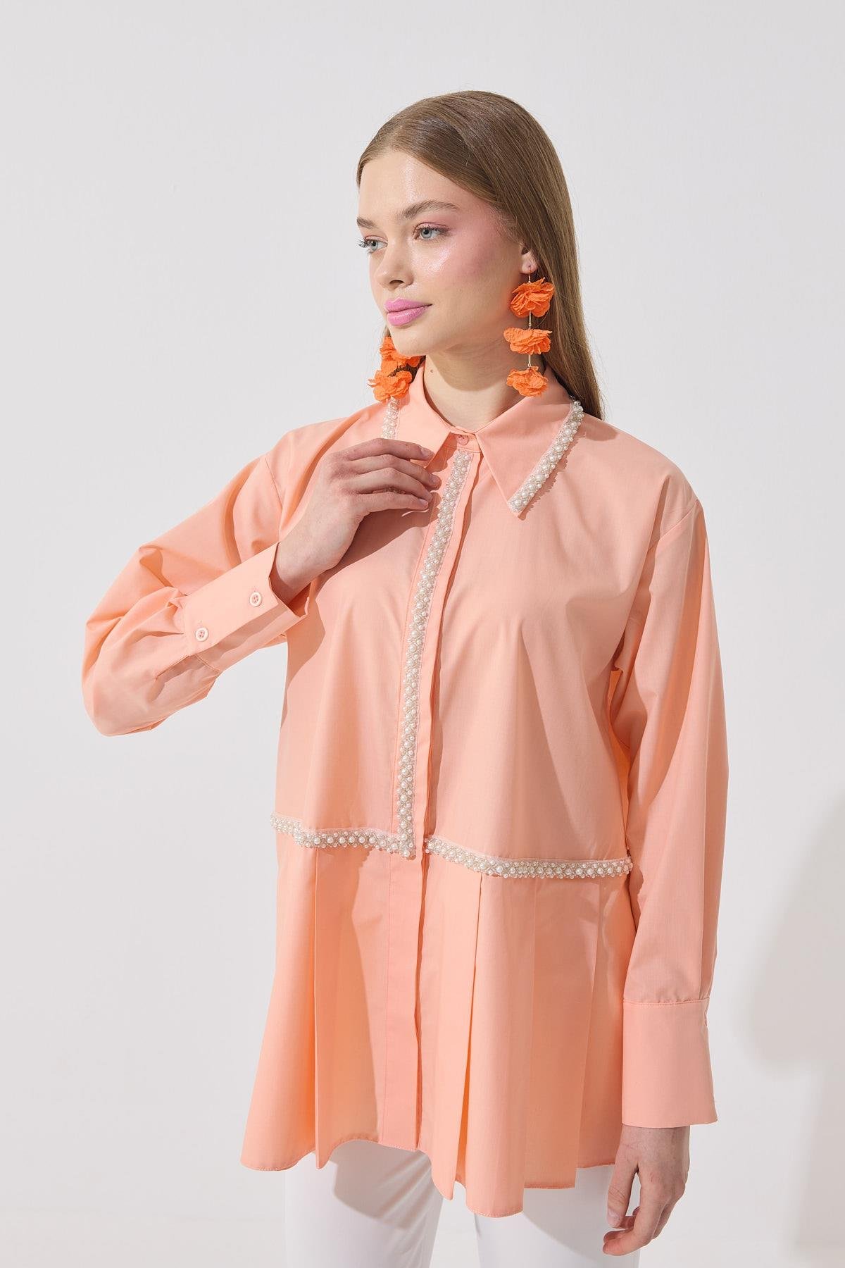 Melinda İnci İşlemeli Pileli Gömlek - Kavuniçi 