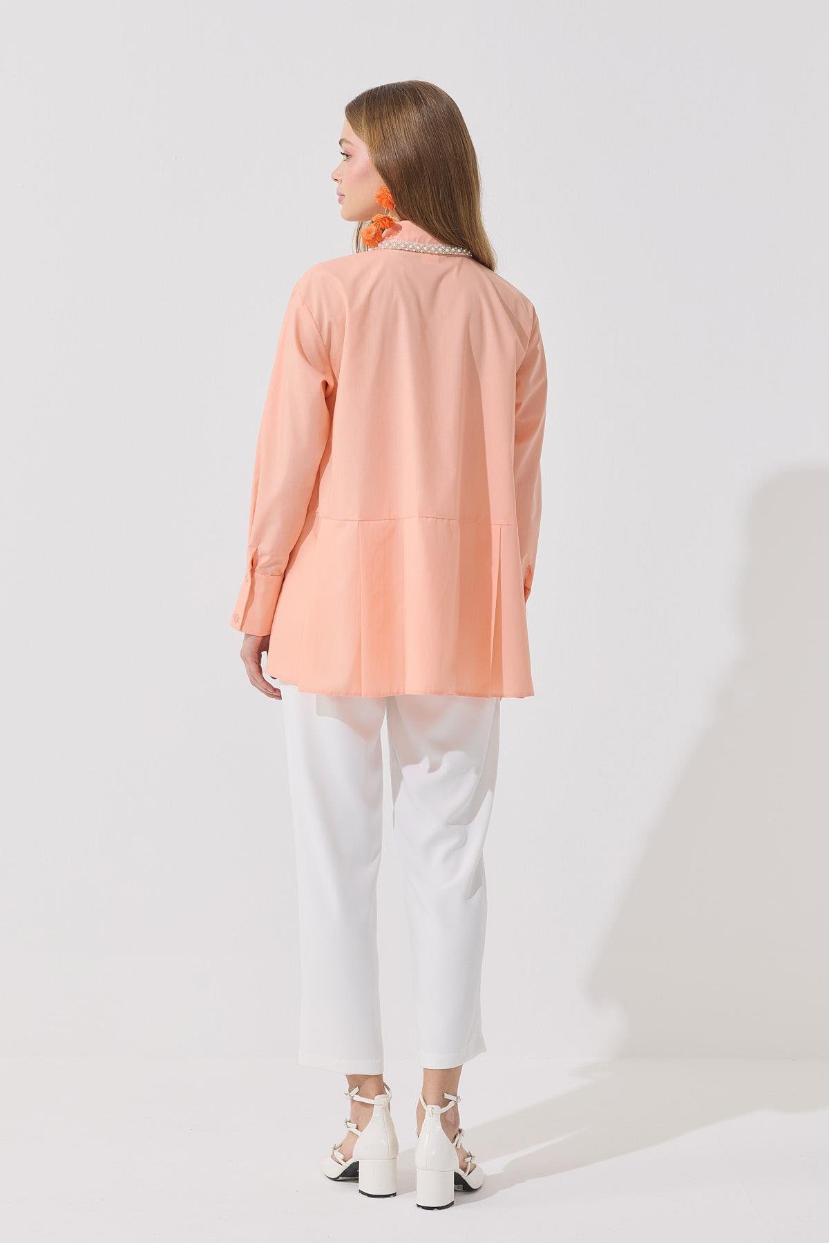 Melinda İnci İşlemeli Pileli Gömlek - Kavuniçi 