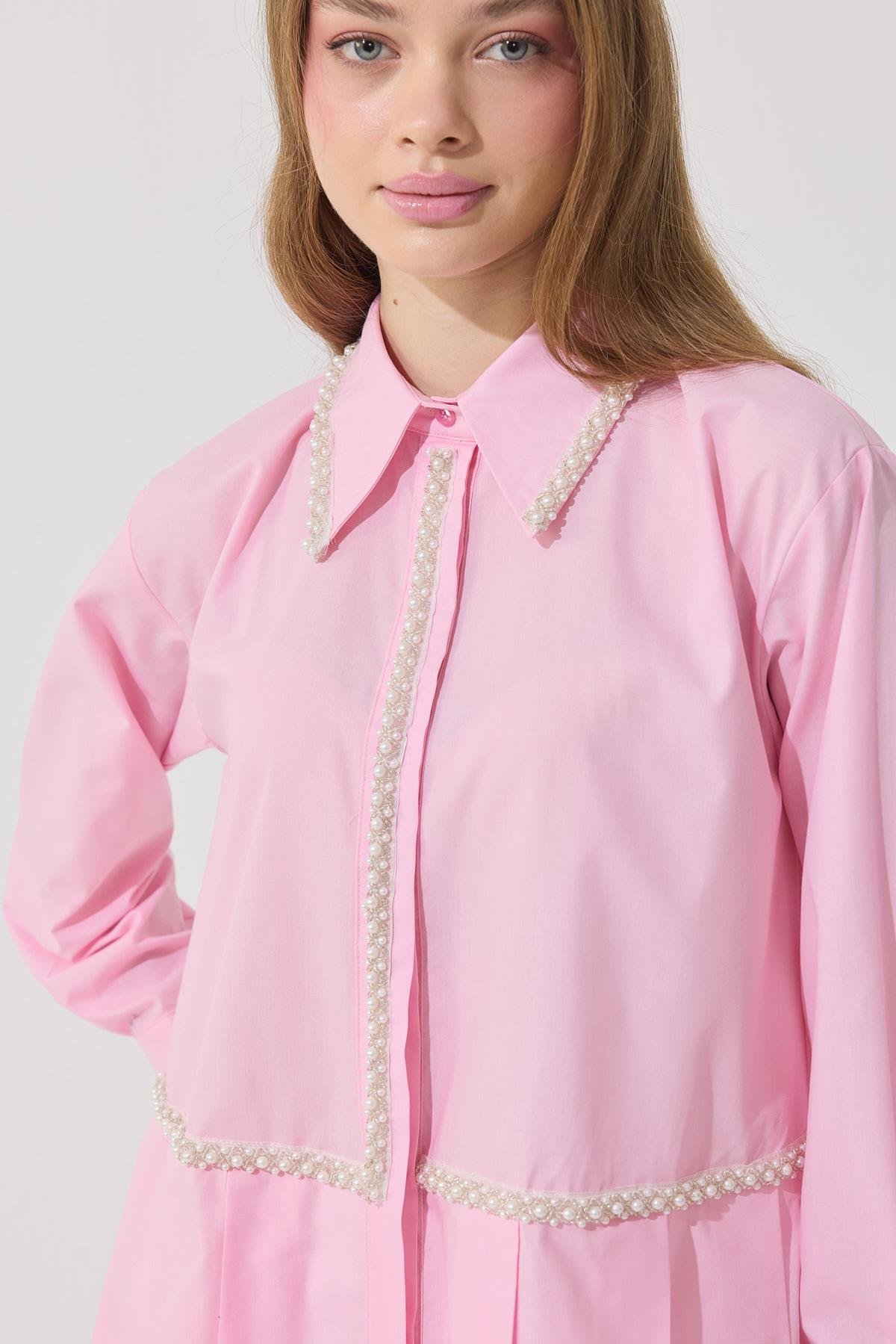 Melinda İnci İşlemeli Pileli Gömlek - Pembe 