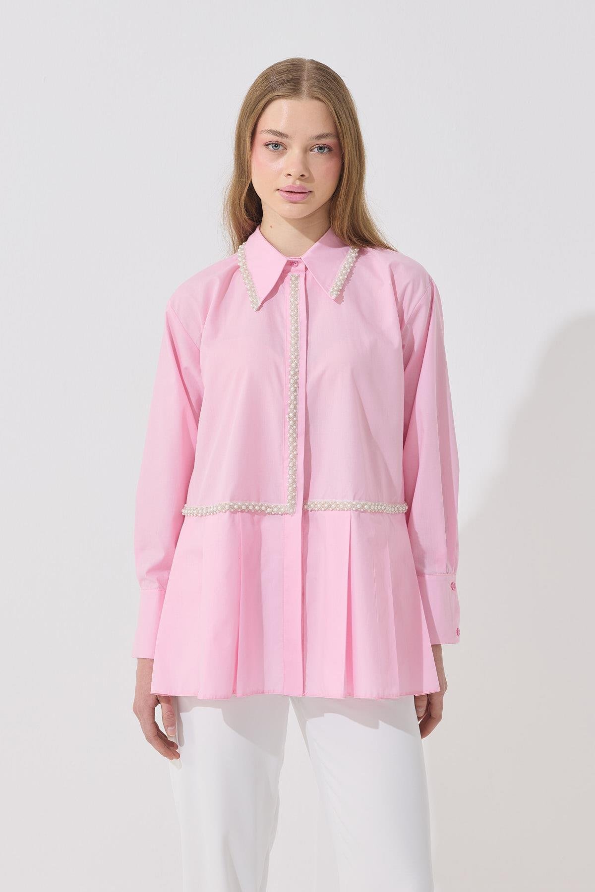 Melinda İnci İşlemeli Pileli Gömlek - Pembe 
