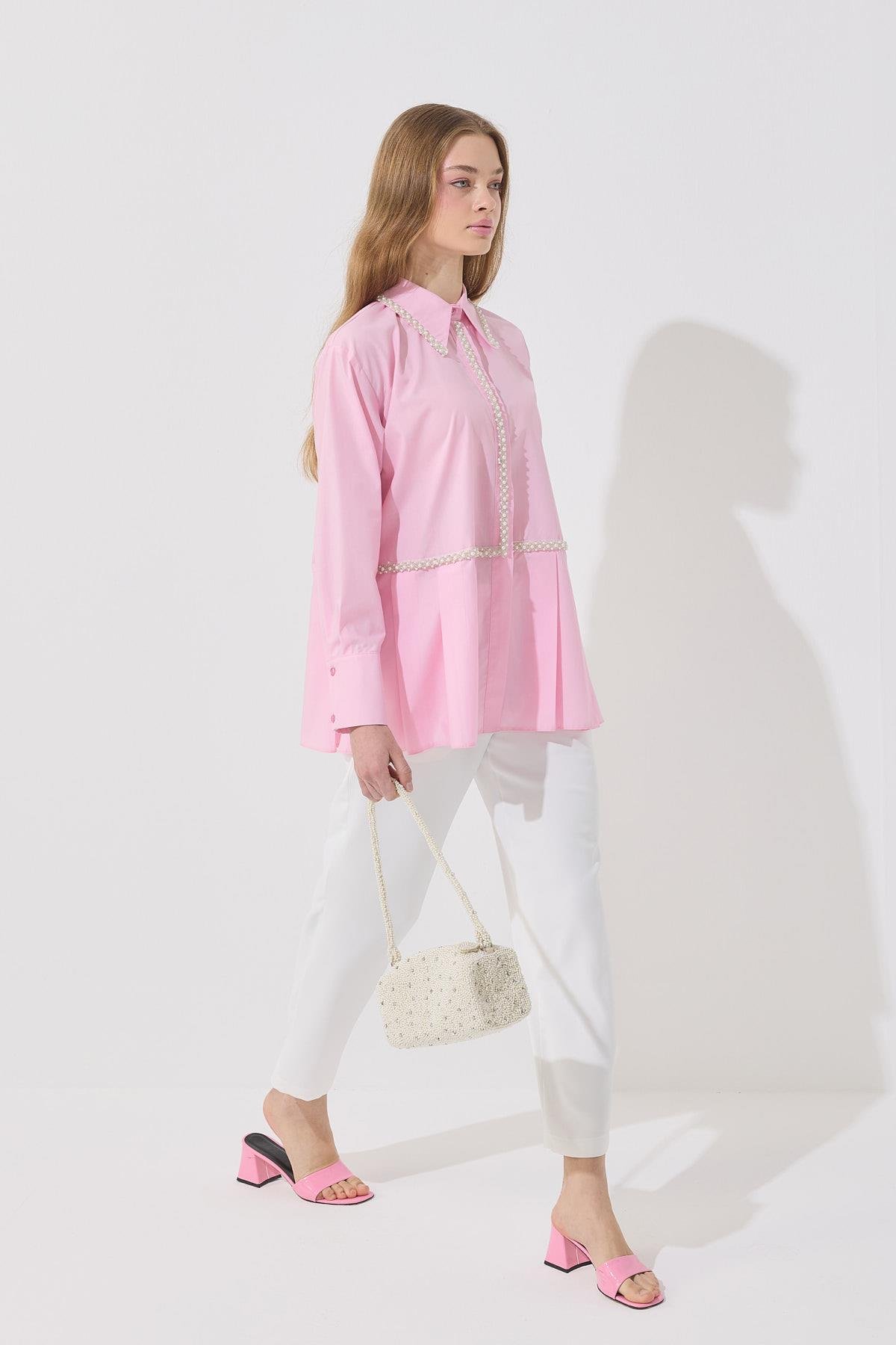 Melinda İnci İşlemeli Pileli Gömlek - Pembe 
