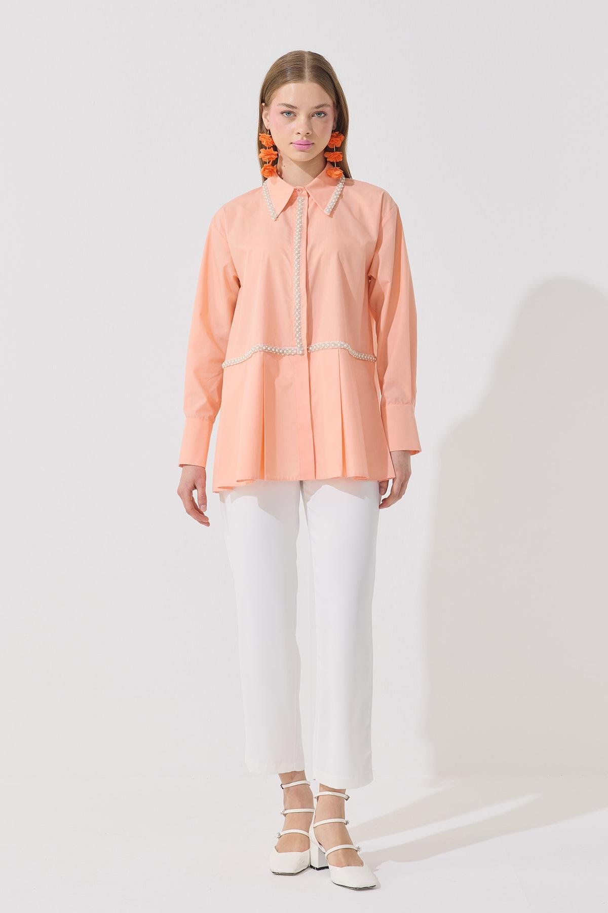 Melinda İnci İşlemeli Pileli Gömlek - Kavuniçi 