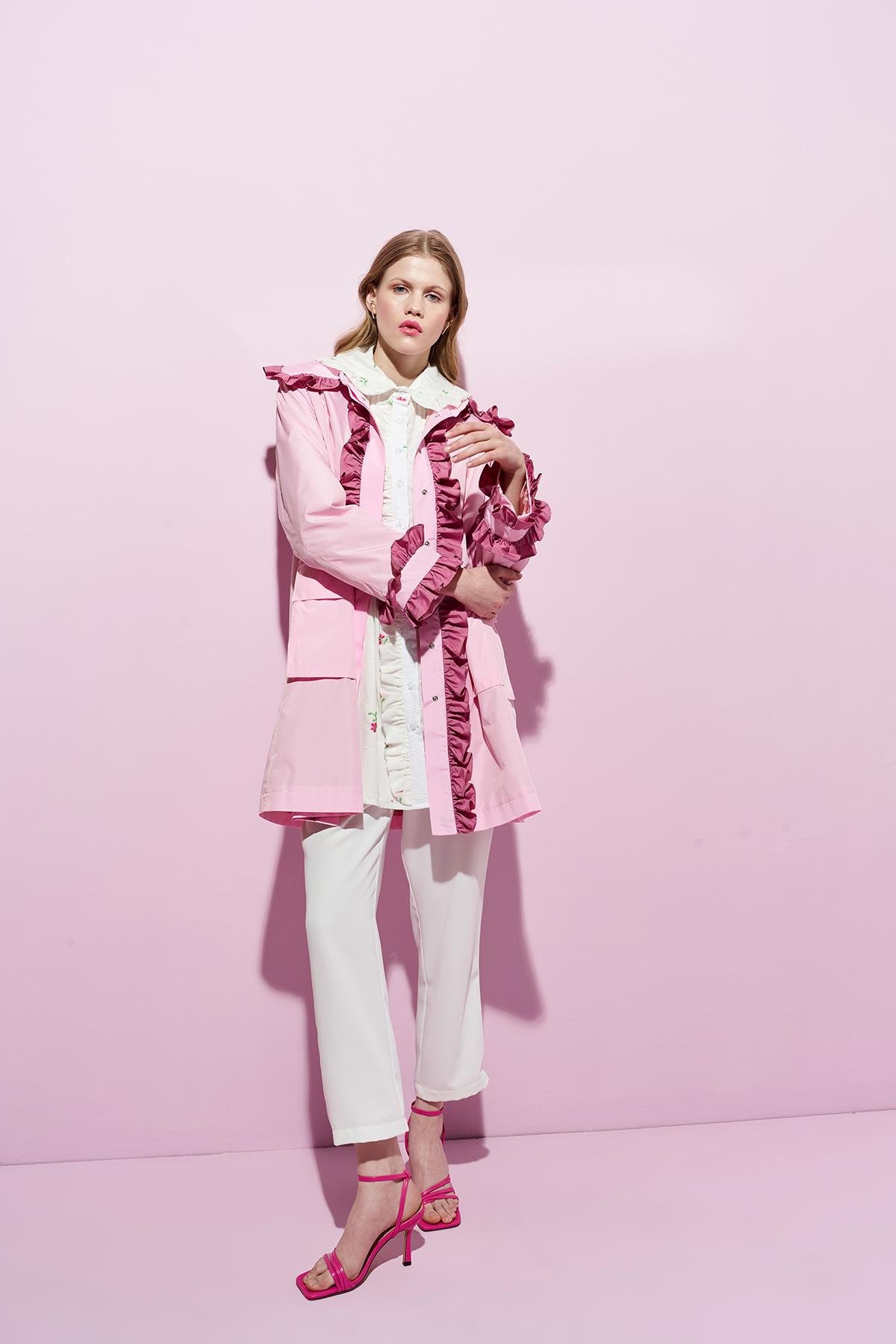 Melissa Büzgü Detaylı Garnili Yağmurluk - Pembe