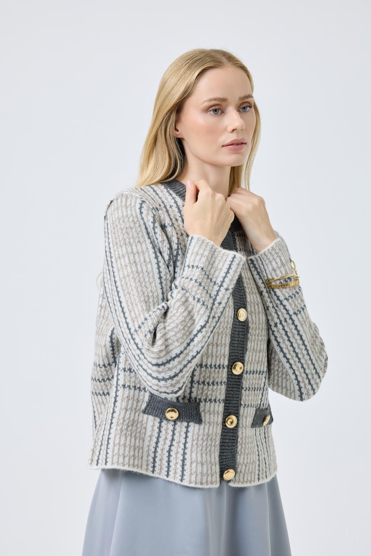 Melody Süs Cepli Gold Düğümeli Hırka - Antrasit 