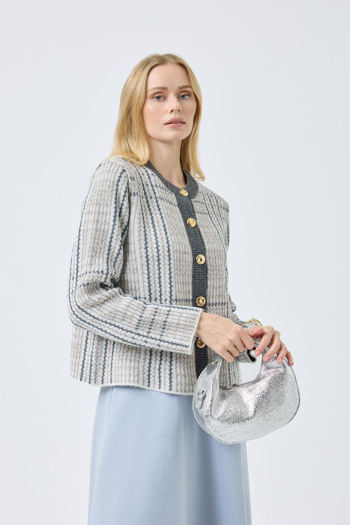 Melody Süs Cepli Gold Düğümeli Hırka - Antrasit 