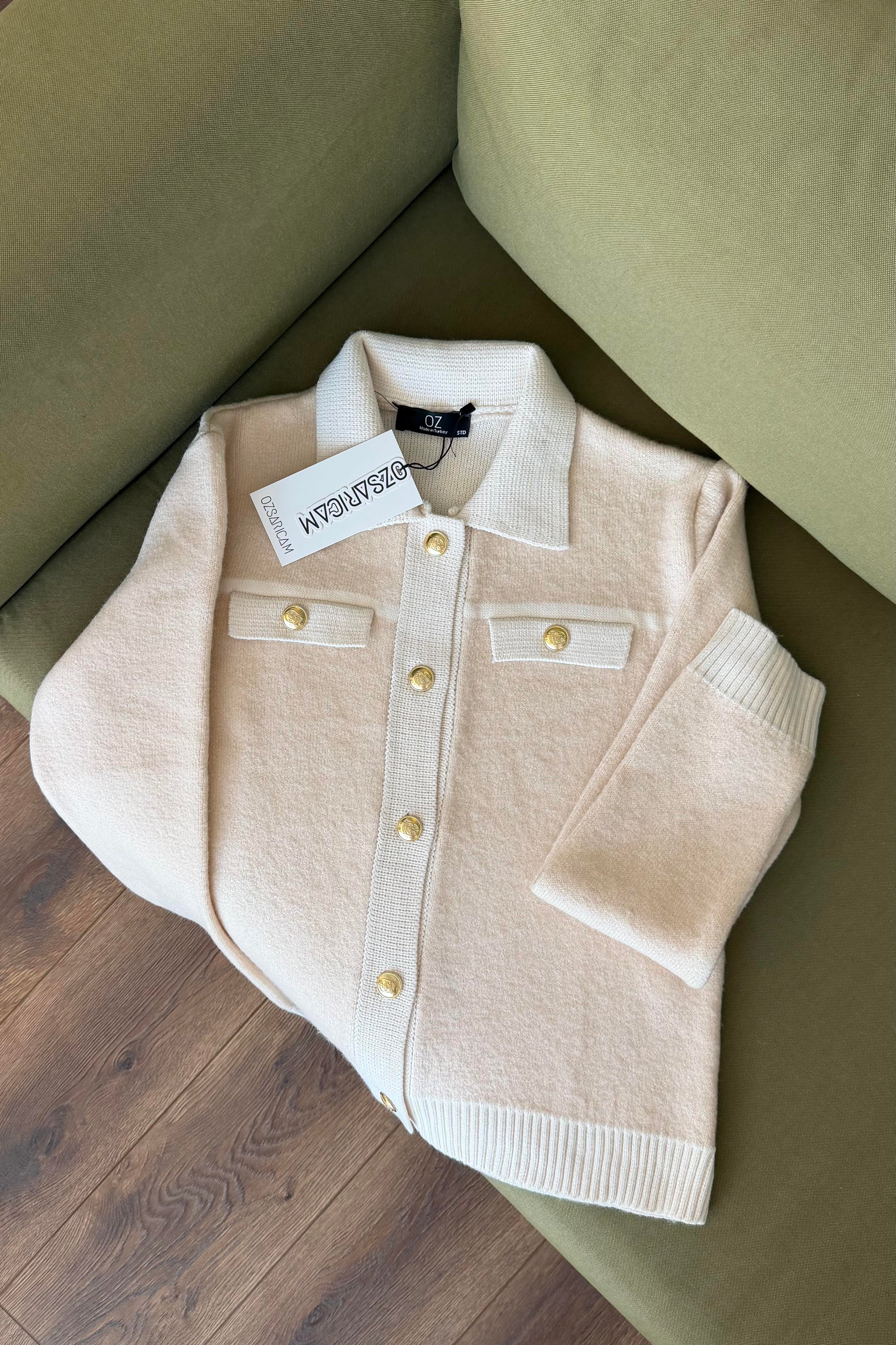 Mikasa Kombine Gold Düğmeli Hırka - Pudra