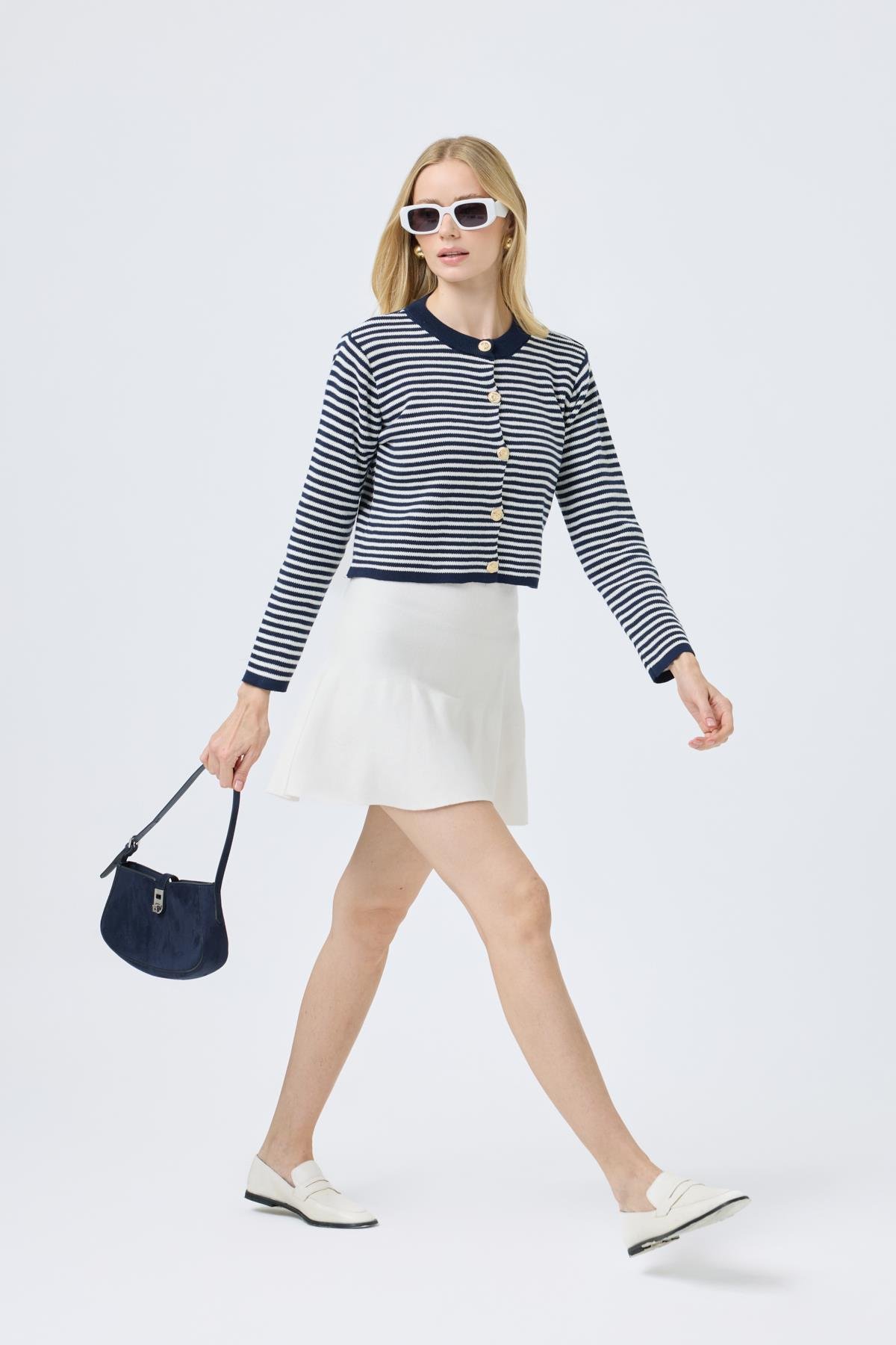 Mila Çizgili Gold Düğümeli Hırka - Lacivert 