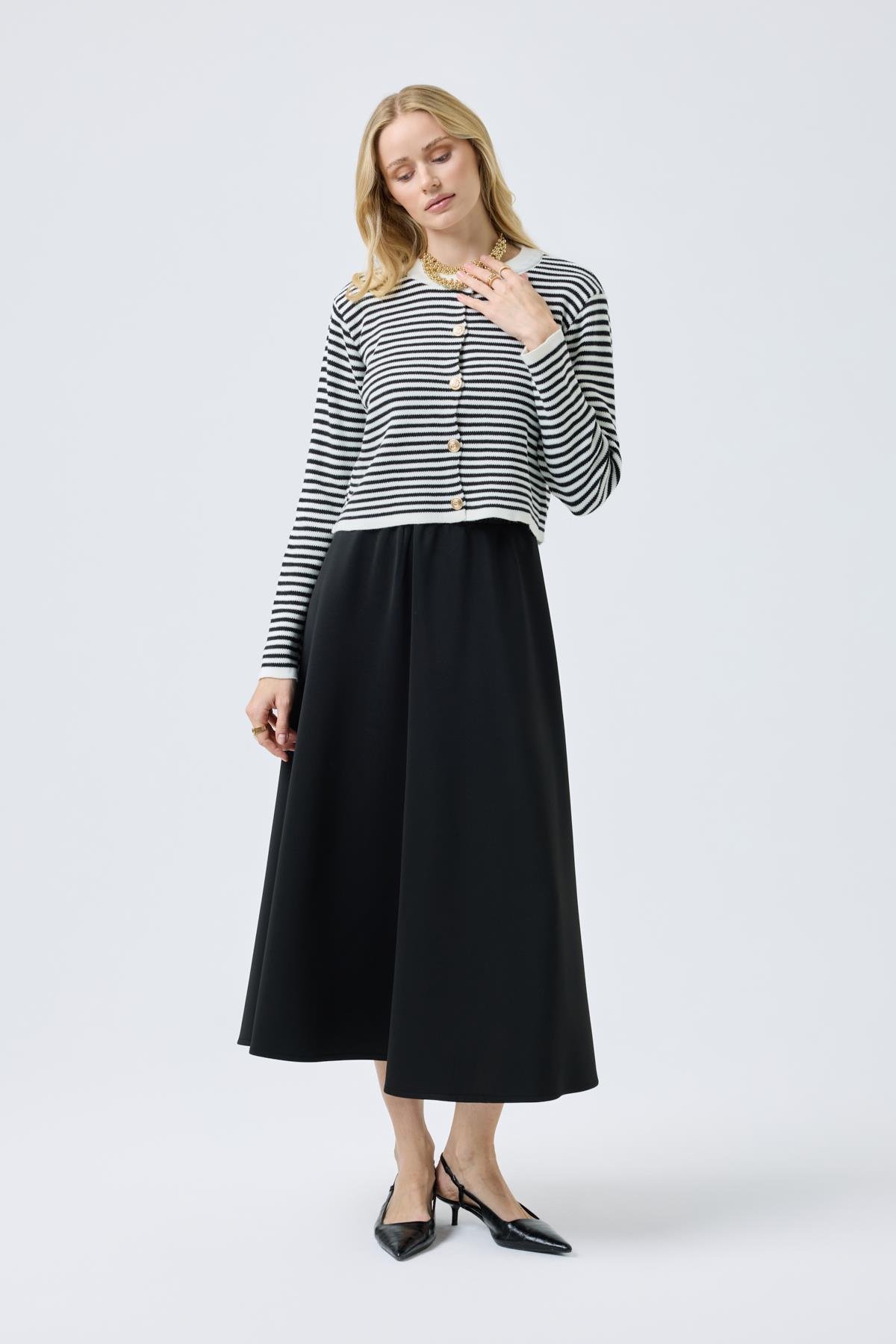 Mila Çizgili Gold Düğümeli Hırka - Siyah 