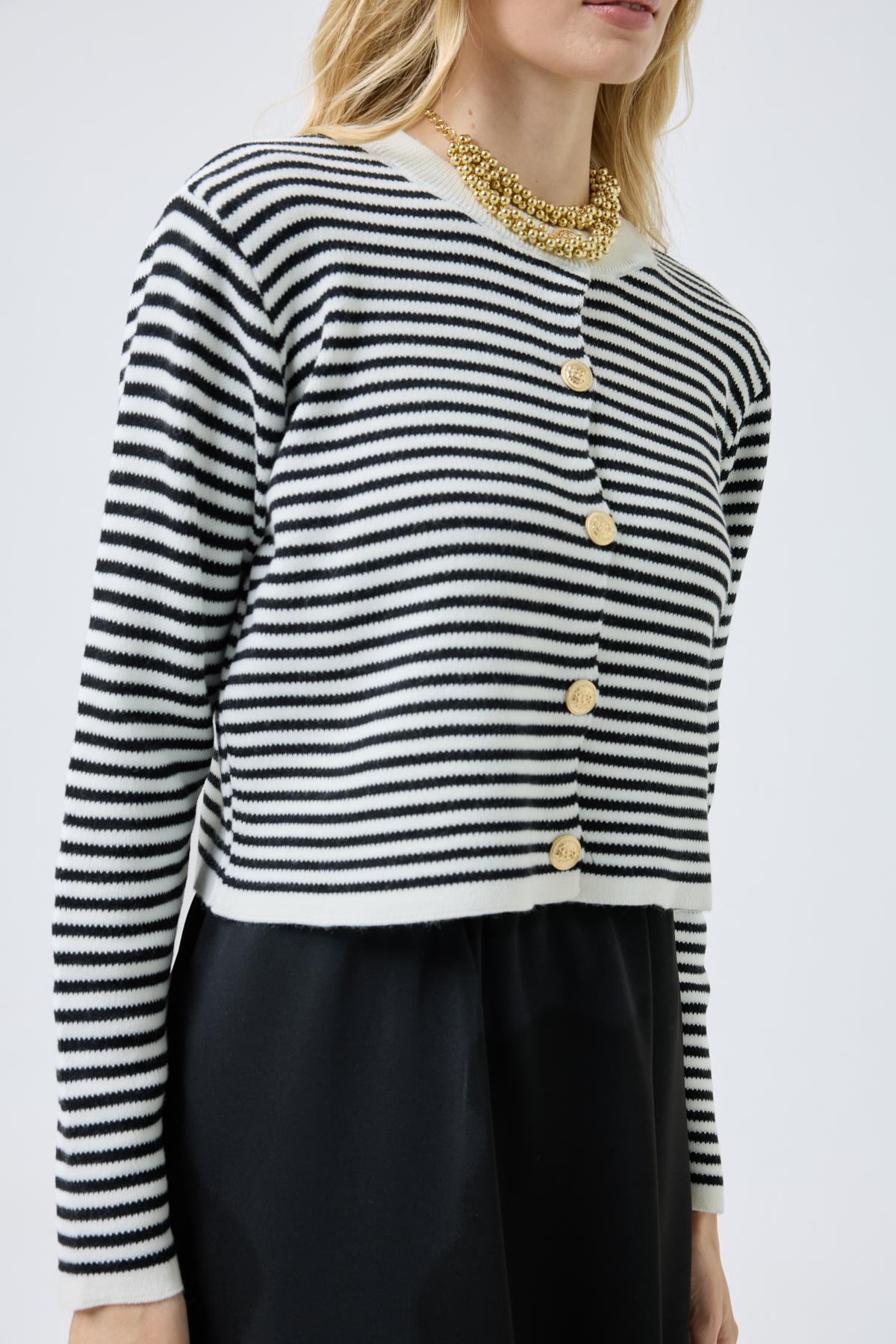 Mila Çizgili Gold Düğümeli Hırka - Siyah 