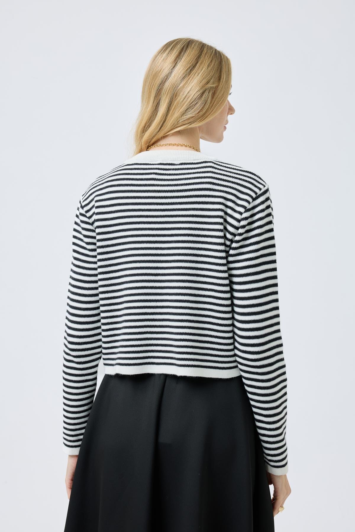 Mila Çizgili Gold Düğümeli Hırka - Siyah 