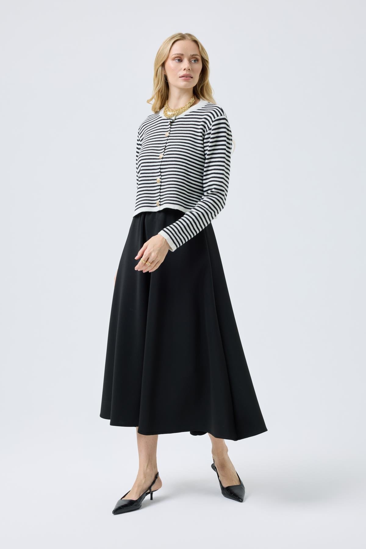 Mila Çizgili Gold Düğümeli Hırka - Siyah 