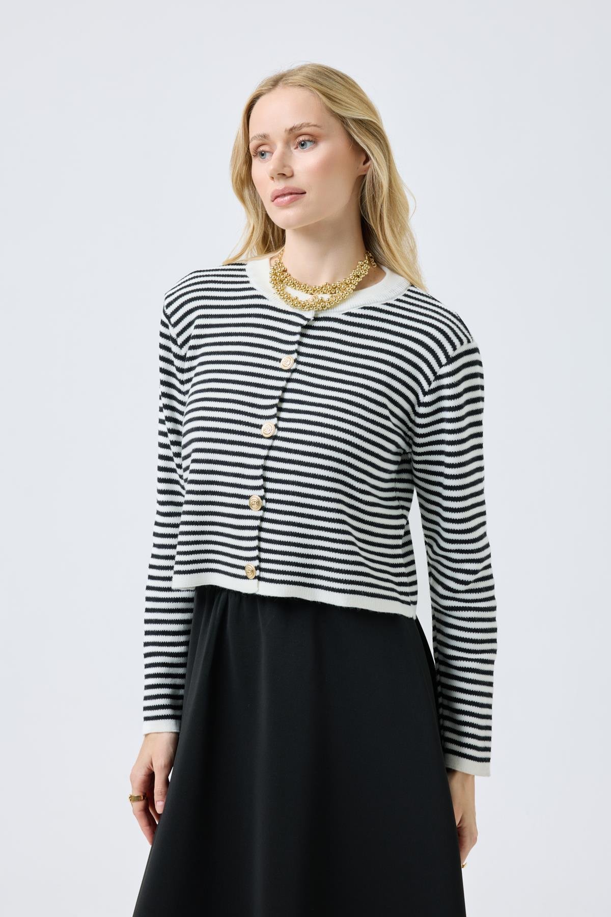 Mila Çizgili Gold Düğümeli Hırka - Siyah 