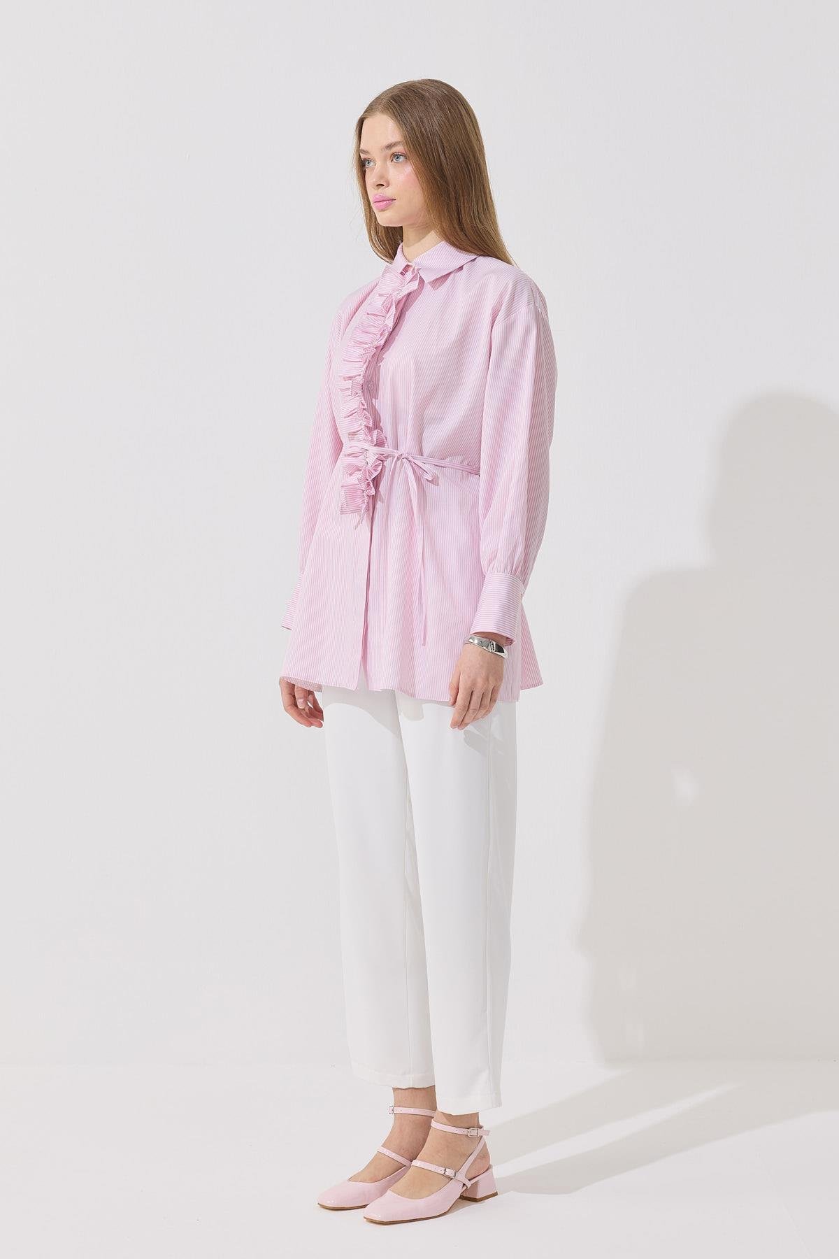 Millie Taş İşlemeli Biye Kemerli Gömlek - Pembe 