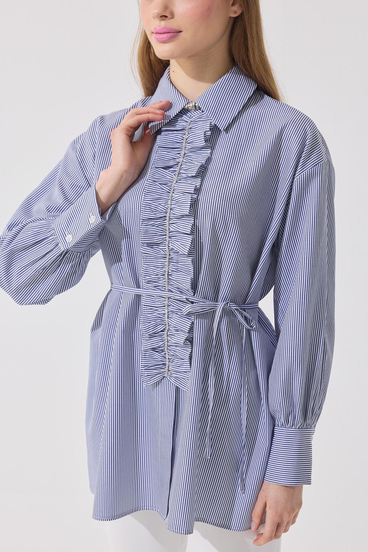 Millie Taş İşlemeli Biye Kemerli Gömlek - Lacivert 