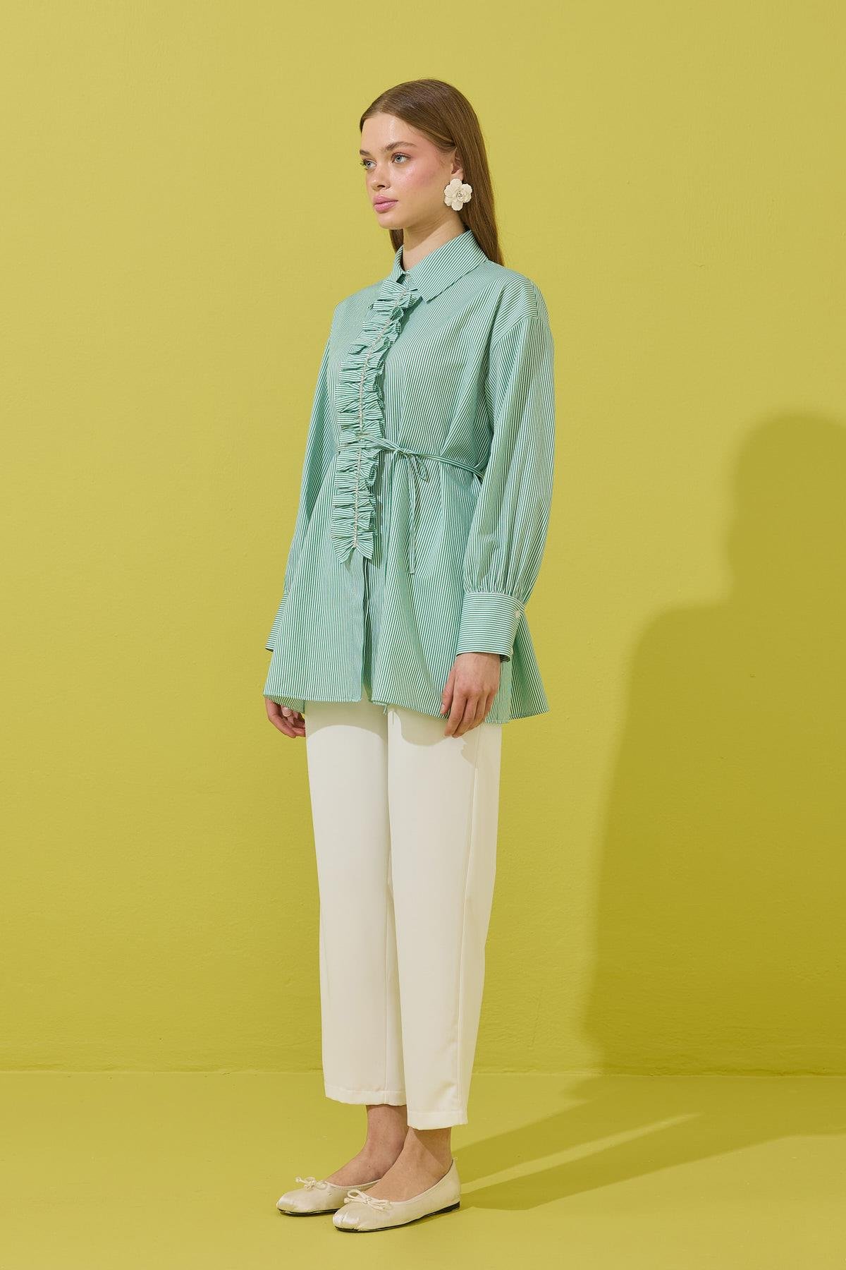 Millie Taş İşlemeli Biye Kemerli Gömlek - Yeşil