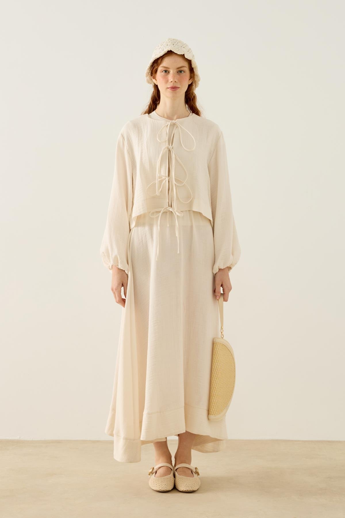 Mirabel Bağcıklı Müslin Takım - Krem